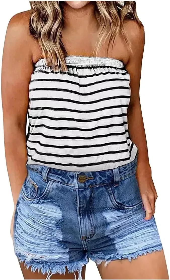 Fronage Womens Tube Tops Strapless Striped Tanks Backless Sexy Casual Bandeau Sleeveless Shirts