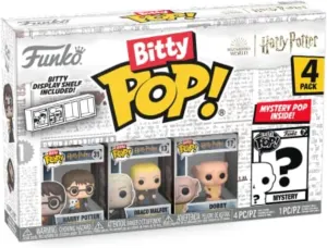 Funko Bitty POP! HP - Harry in Robe with Scarf, 4-Pack - Harry Potter, Draco Malfoy, Dobby and A Surprise Mystery Mini Figure - 0.9 Inch (2.2 Cm) - Harry Potter Collectable - Gift Idea - Cake Topper
