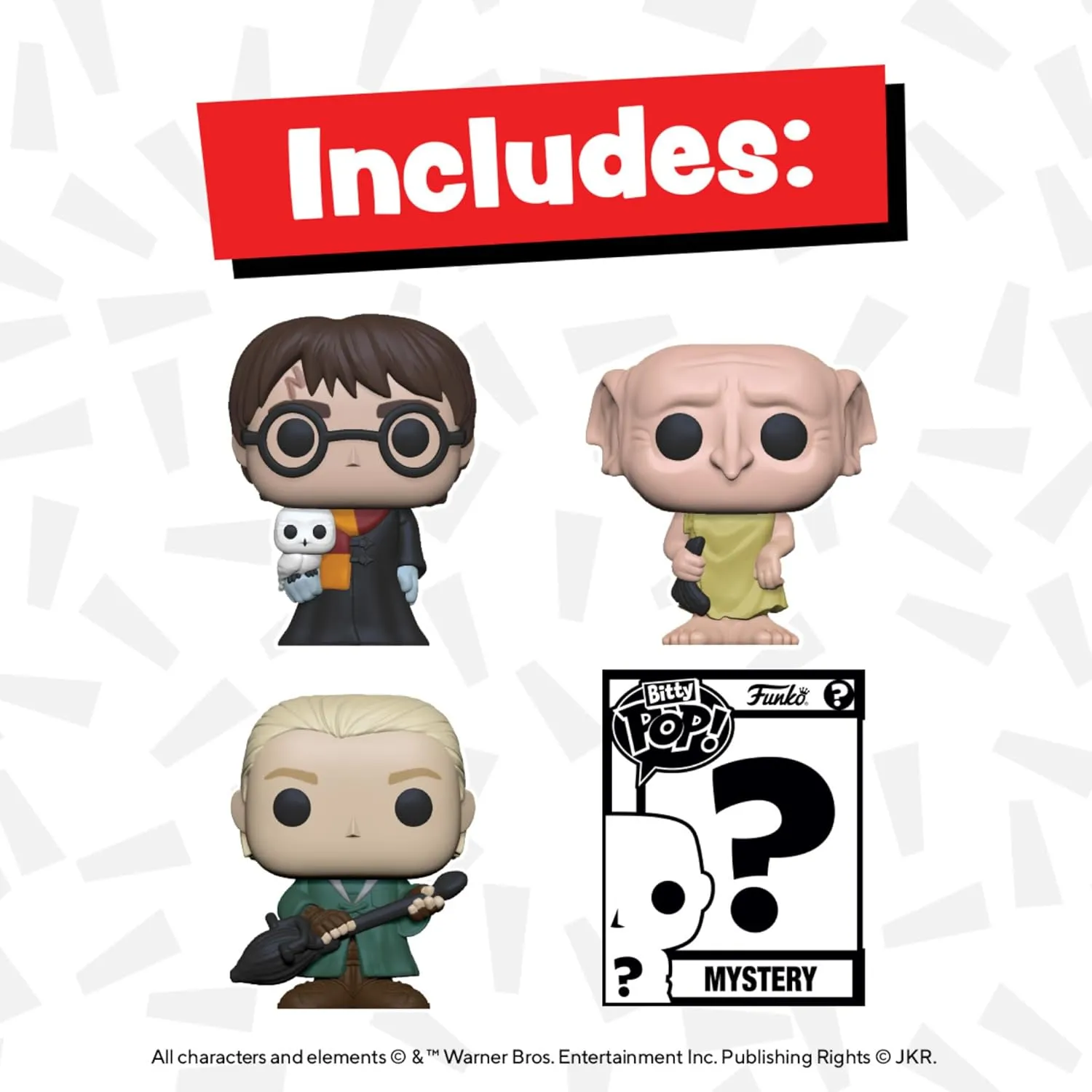 Funko Bitty POP! HP - Harry in Robe with Scarf, 4-Pack - Harry Potter, Draco Malfoy, Dobby and A Surprise Mystery Mini Figure - 0.9 Inch (2.2 Cm) - Harry Potter Collectable - Gift Idea - Cake Topper