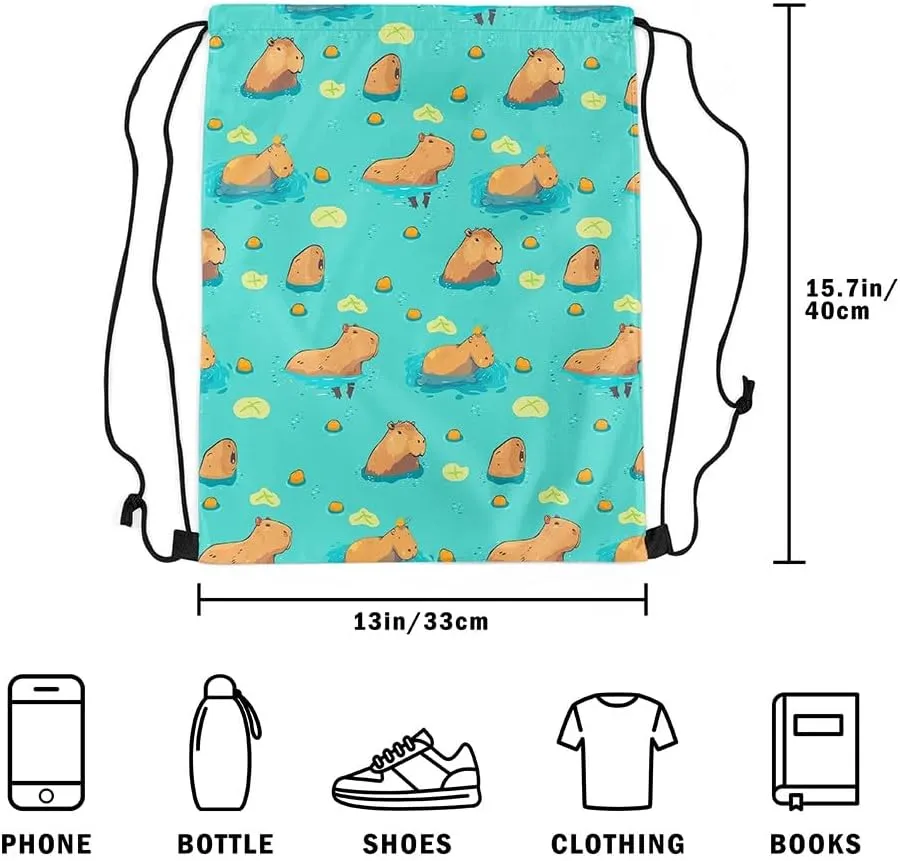 Funny Capybara Drawstring Backpack,Cute Wildlife Reversible Drawstring Bags 13X15.7,Lake Life Funny Capybara String Backpack for Sport Traveling Camping Swim,Green Brown Yellow