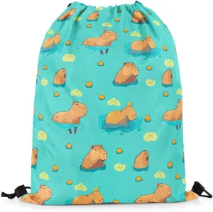 Funny Capybara Drawstring Backpack,Cute Wildlife Reversible Drawstring Bags 13X15.7,Lake Life Funny Capybara String Backpack for Sport Traveling Camping Swim,Green Brown Yellow
