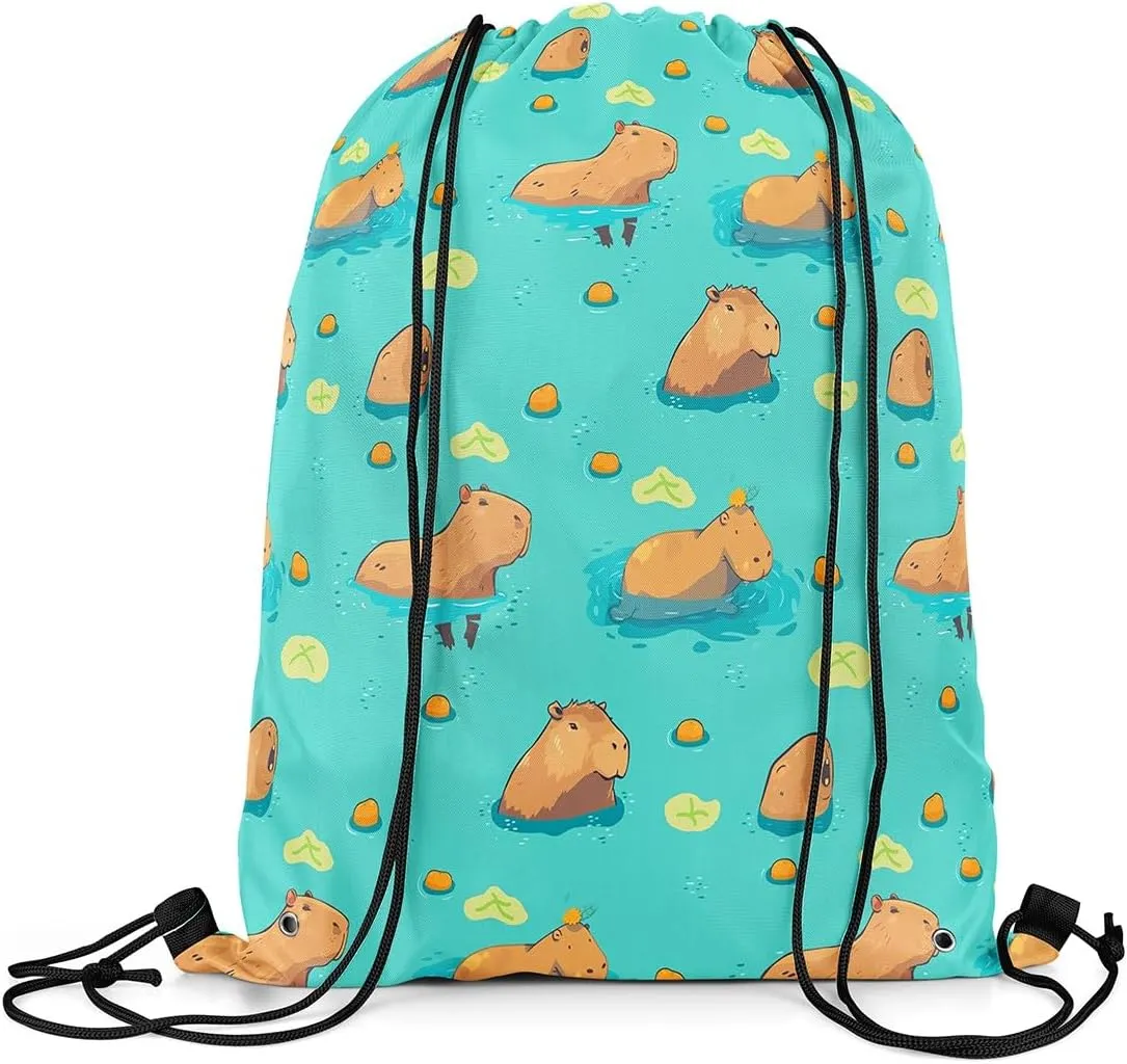 Funny Capybara Drawstring Backpack,Cute Wildlife Reversible Drawstring Bags 13X15.7,Lake Life Funny Capybara String Backpack for Sport Traveling Camping Swim,Green Brown Yellow