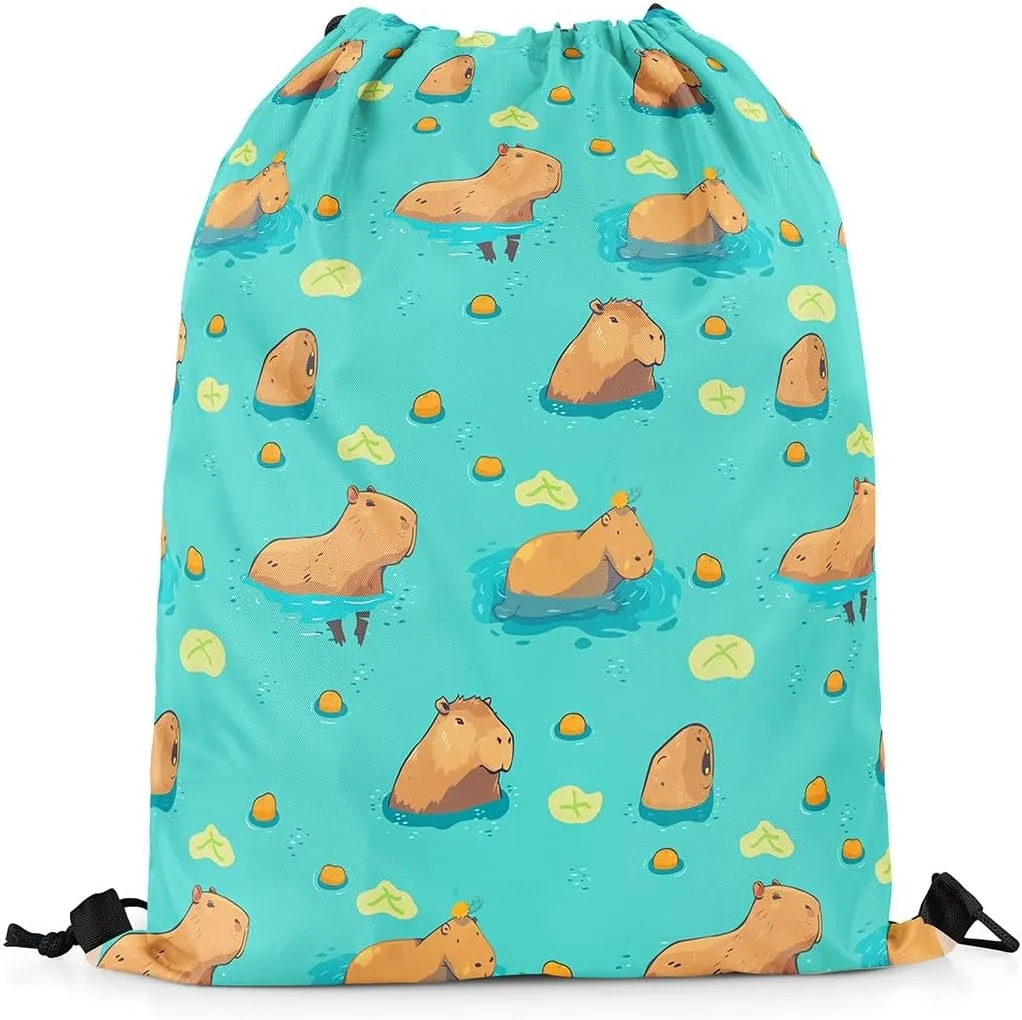 Funny Capybara Drawstring Backpack,Cute Wildlife Reversible Drawstring Bags 13X15.7,Lake Life Funny Capybara String Backpack for Sport Traveling Camping Swim,Green Brown Yellow