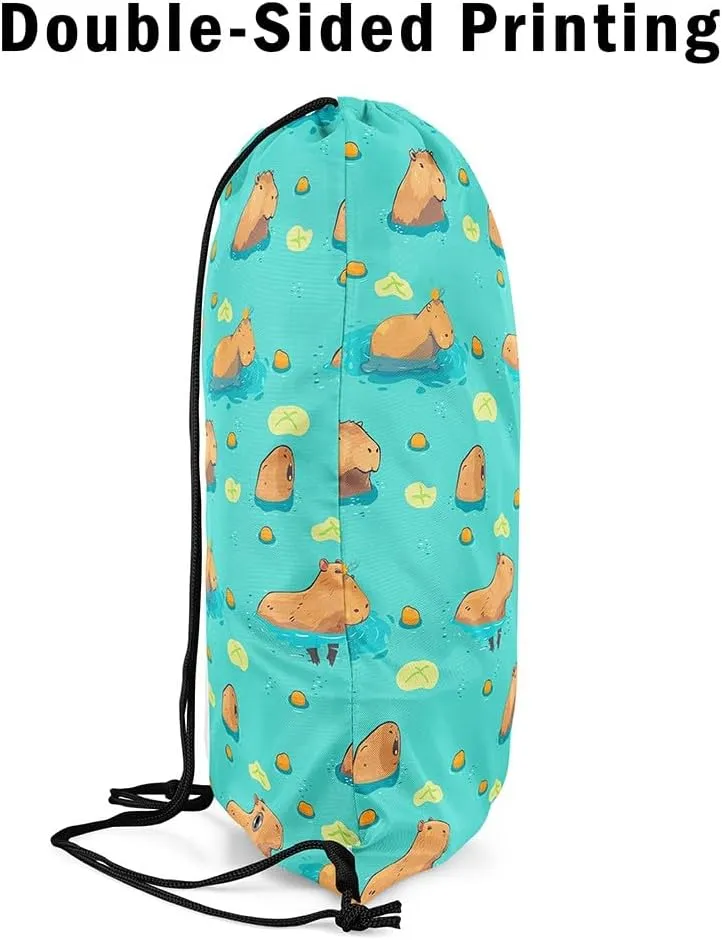 Funny Capybara Drawstring Backpack,Cute Wildlife Reversible Drawstring Bags 13X15.7,Lake Life Funny Capybara String Backpack for Sport Traveling Camping Swim,Green Brown Yellow