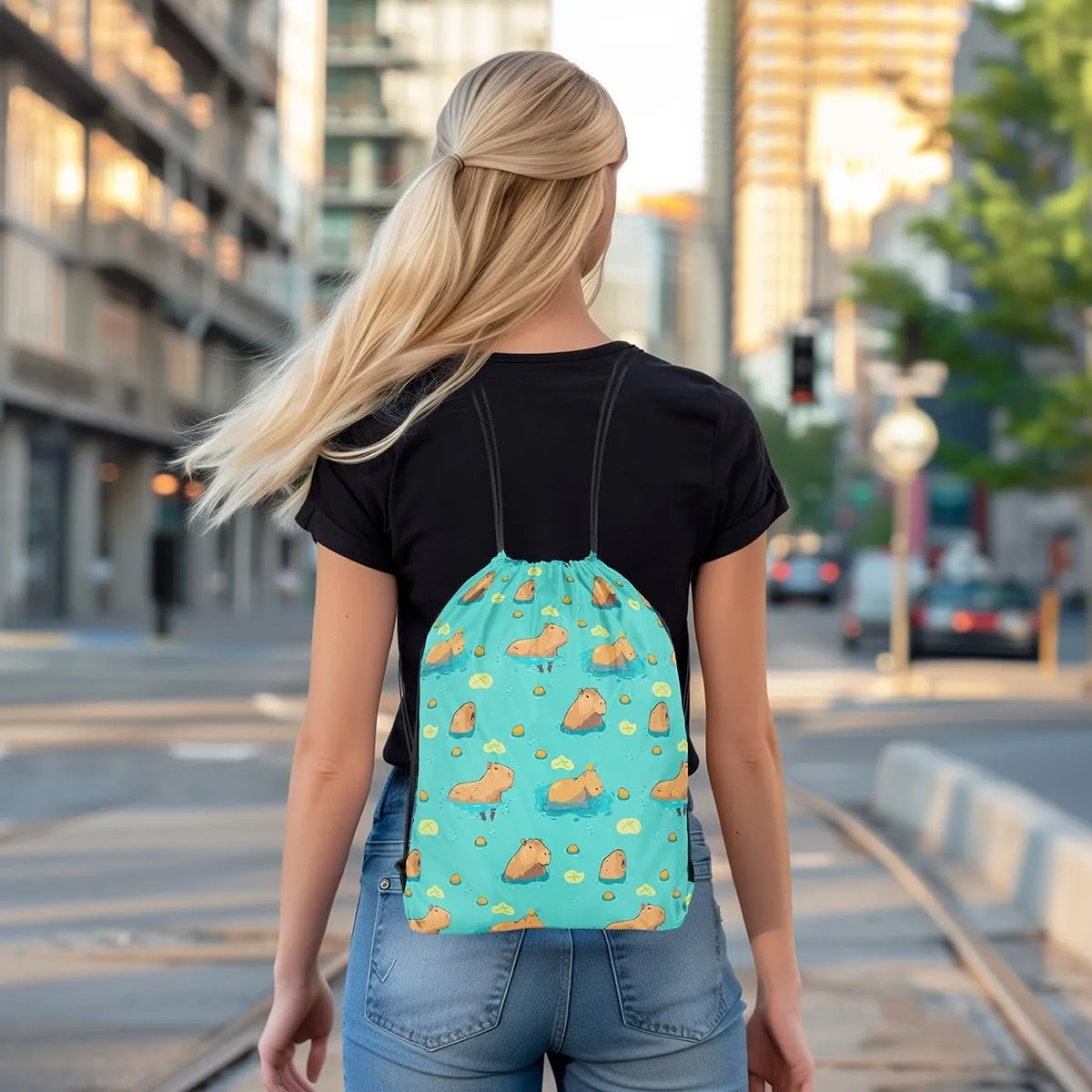 Funny Capybara Drawstring Backpack,Cute Wildlife Reversible Drawstring Bags 13X15.7,Lake Life Funny Capybara String Backpack for Sport Traveling Camping Swim,Green Brown Yellow