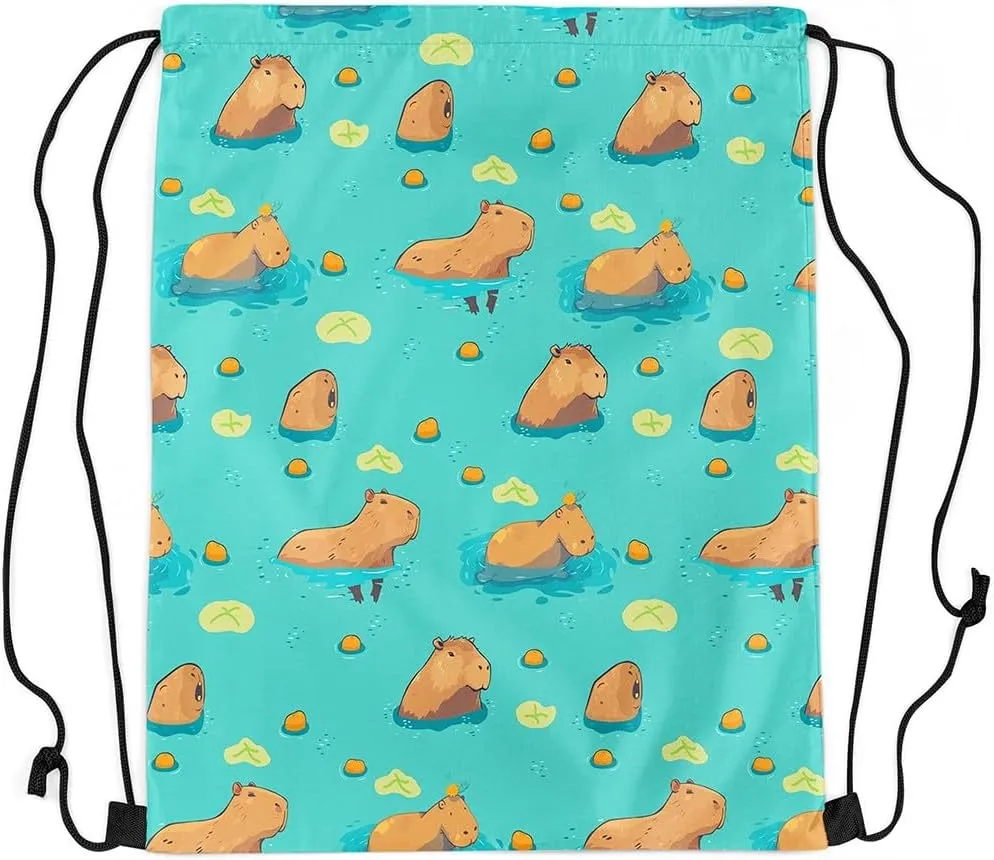 Funny Capybara Drawstring Backpack,Cute Wildlife Reversible Drawstring Bags 13X15.7,Lake Life Funny Capybara String Backpack for Sport Traveling Camping Swim,Green Brown Yellow