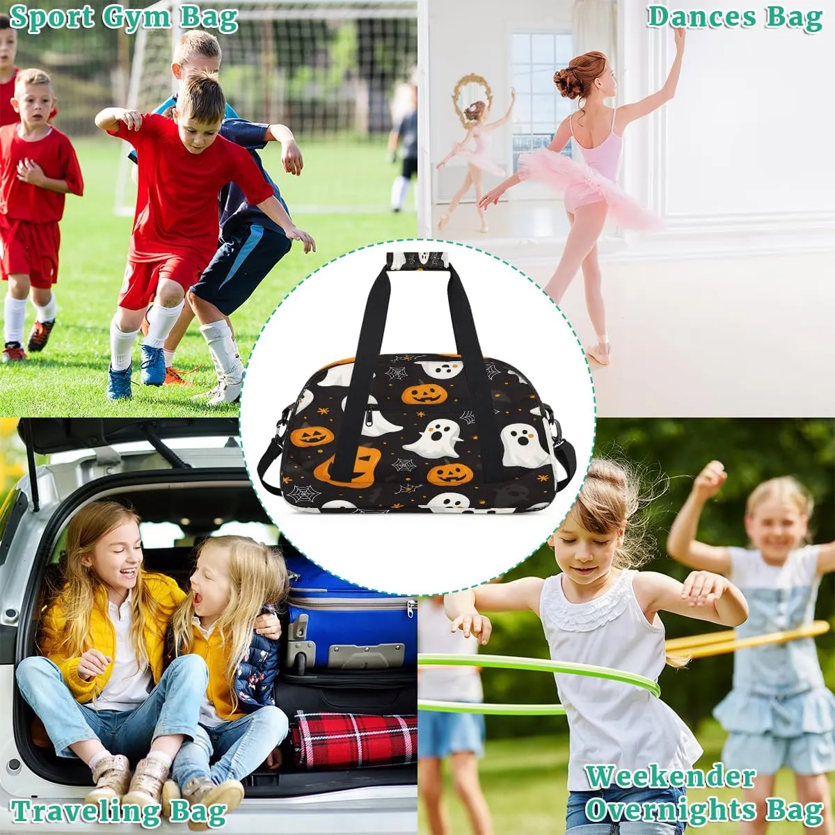 Funny Halloween Ghosts Kids Overnighter Duffel Bags for Boys, Carry-On Size Sports Gym Bag with Front Zipper Pocket for School Practice or Overnight Travel Weekender Sleepover Tote Bag