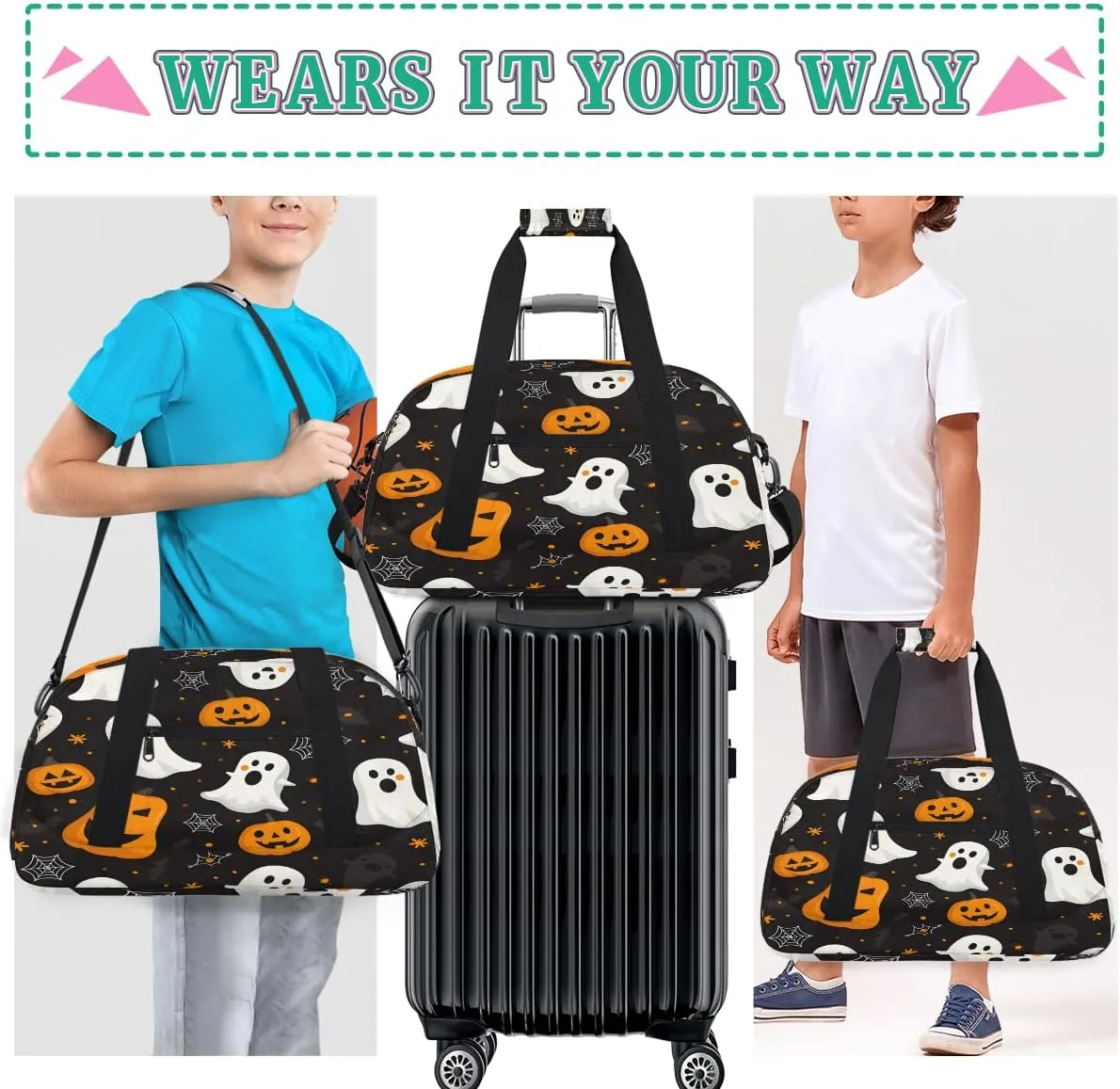 Funny Halloween Ghosts Kids Overnighter Duffel Bags for Boys, Carry-On Size Sports Gym Bag with Front Zipper Pocket for School Practice or Overnight Travel Weekender Sleepover Tote Bag