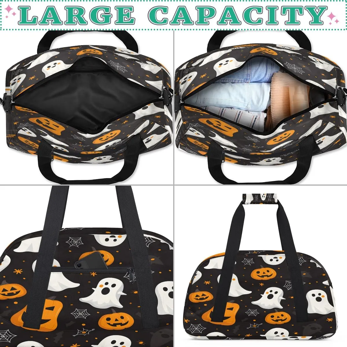 Funny Halloween Ghosts Kids Overnighter Duffel Bags for Boys, Carry-On Size Sports Gym Bag with Front Zipper Pocket for School Practice or Overnight Travel Weekender Sleepover Tote Bag