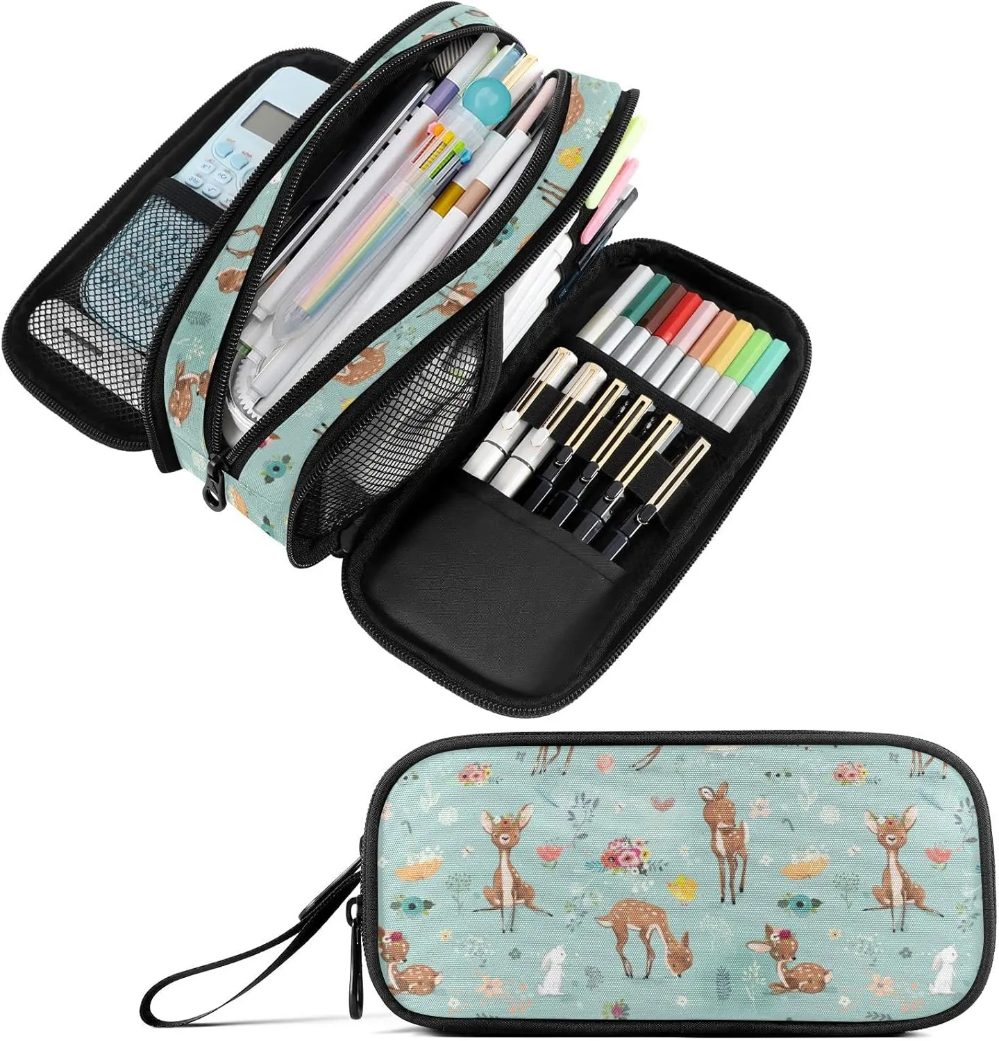Fustylead Deer and Hare Pencil Pen Case with 3 Compartments, Lightweight & Spacious Stationery Bag Cosmetics Bag