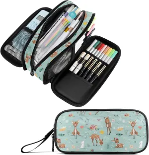 Fustylead Deer and Hare Pencil Pen Case with 3 Compartments, Lightweight & Spacious Stationery Bag Cosmetics Bag