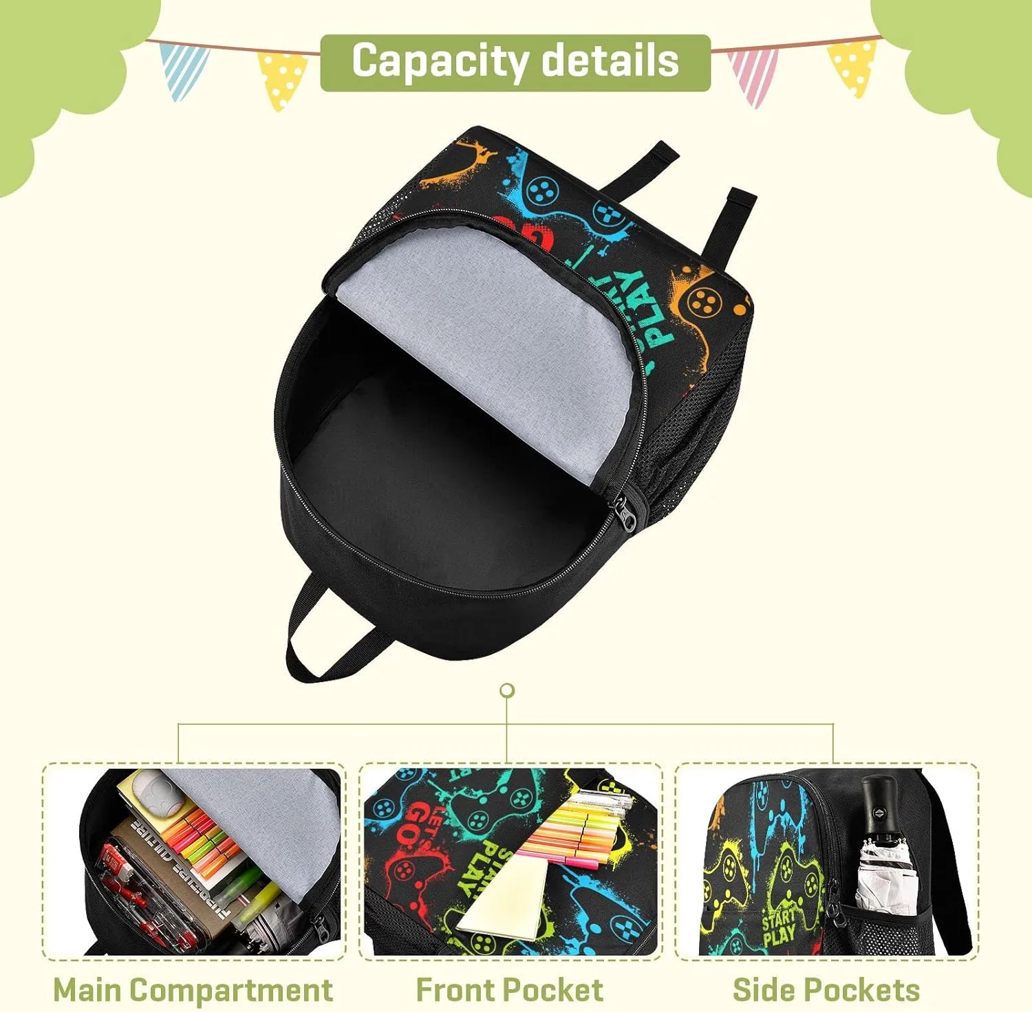 Gaming Gamepad Pattern Toddler Backpack Waterproof Mini Backpack Boys/Girls Cute Small Backpack Kindergarten Pre School Bags 13 Inch