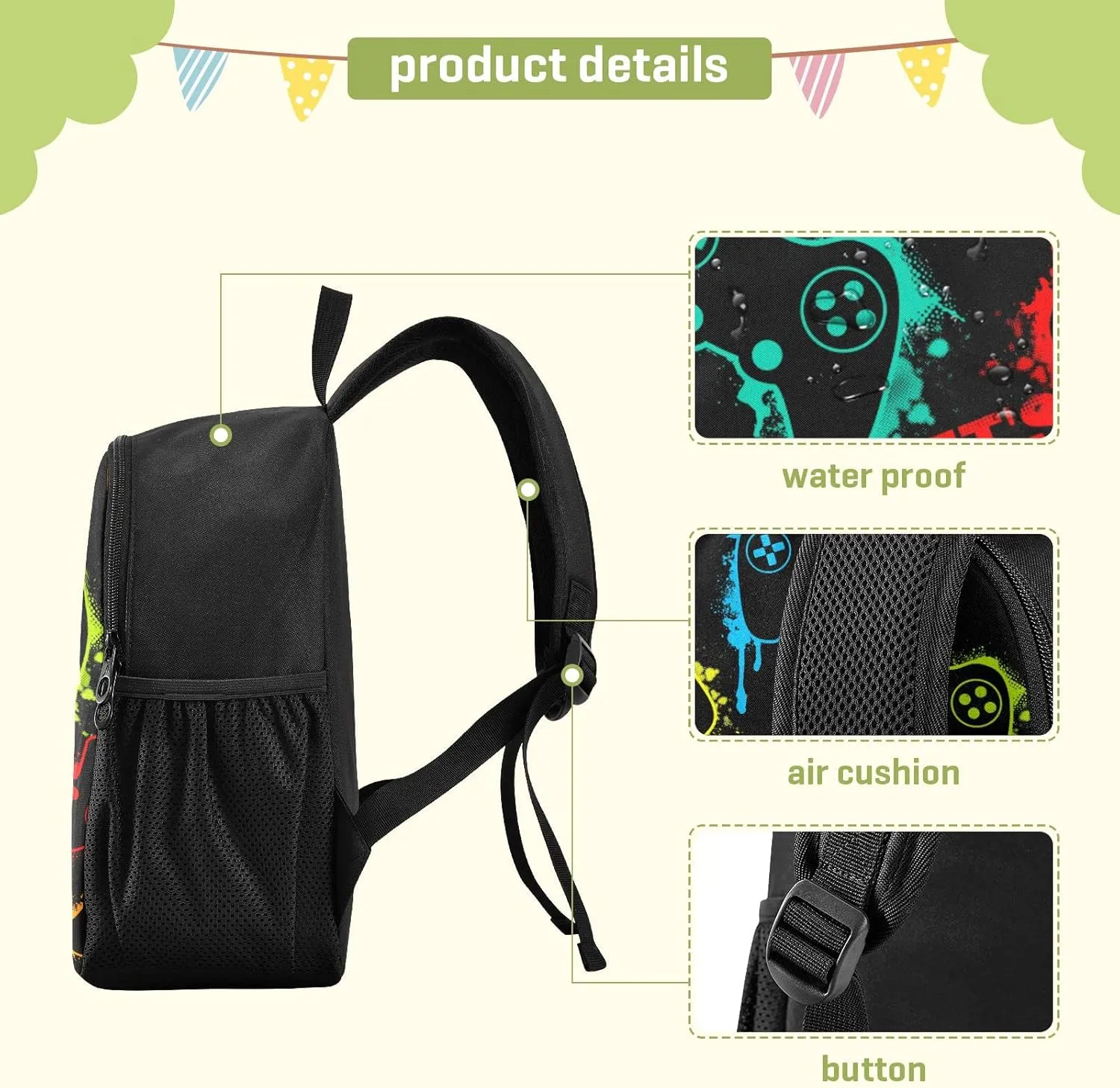 Gaming Gamepad Pattern Toddler Backpack Waterproof Mini Backpack Boys/Girls Cute Small Backpack Kindergarten Pre School Bags 13 Inch