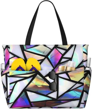 Geometric Iridescent Triangles Print Beach Bag Large Waterproof Sandproof Tote Bag Women Zipper Travel Beach Bags Swim Pool Gym Shopping Grocery Handbag