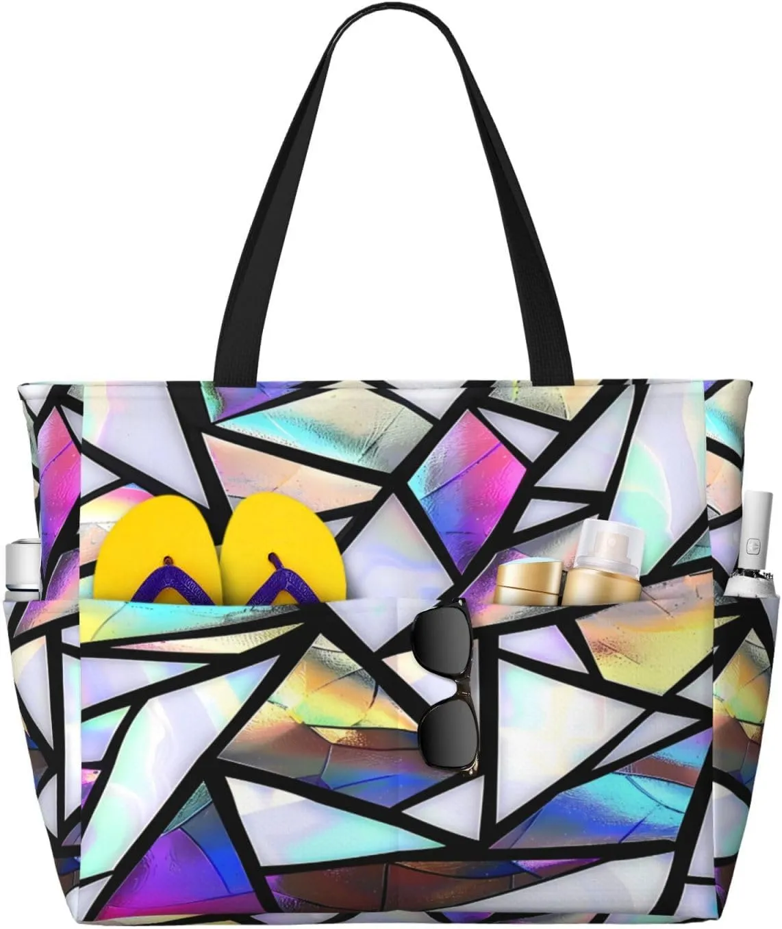 Geometric Iridescent Triangles Print Beach Bag Large Waterproof Sandproof Tote Bag Women Zipper Travel Beach Bags Swim Pool Gym Shopping Grocery Handbag