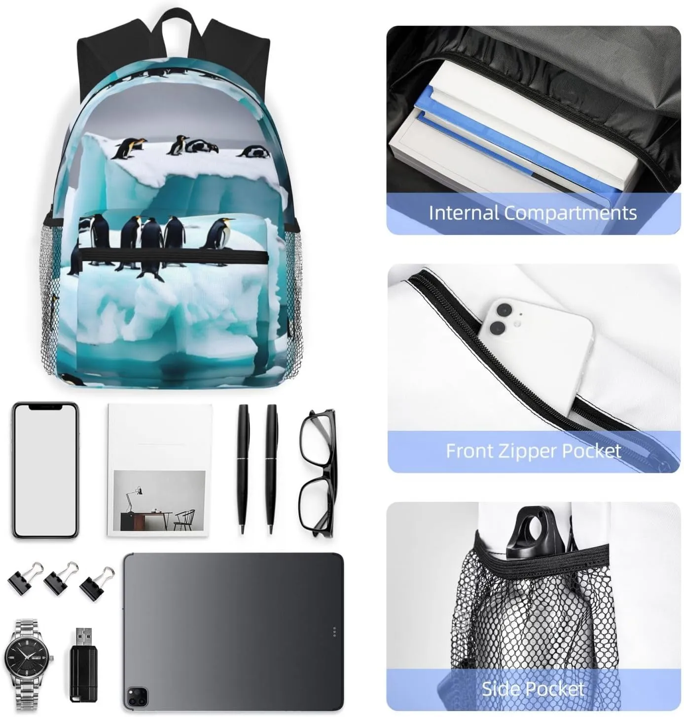 GeRRiT Penguins On The Iceberg Print Casual Backpack For Women, Travel Daypack,Waterproof Gym Backpack For Men Book Bags, SB-122