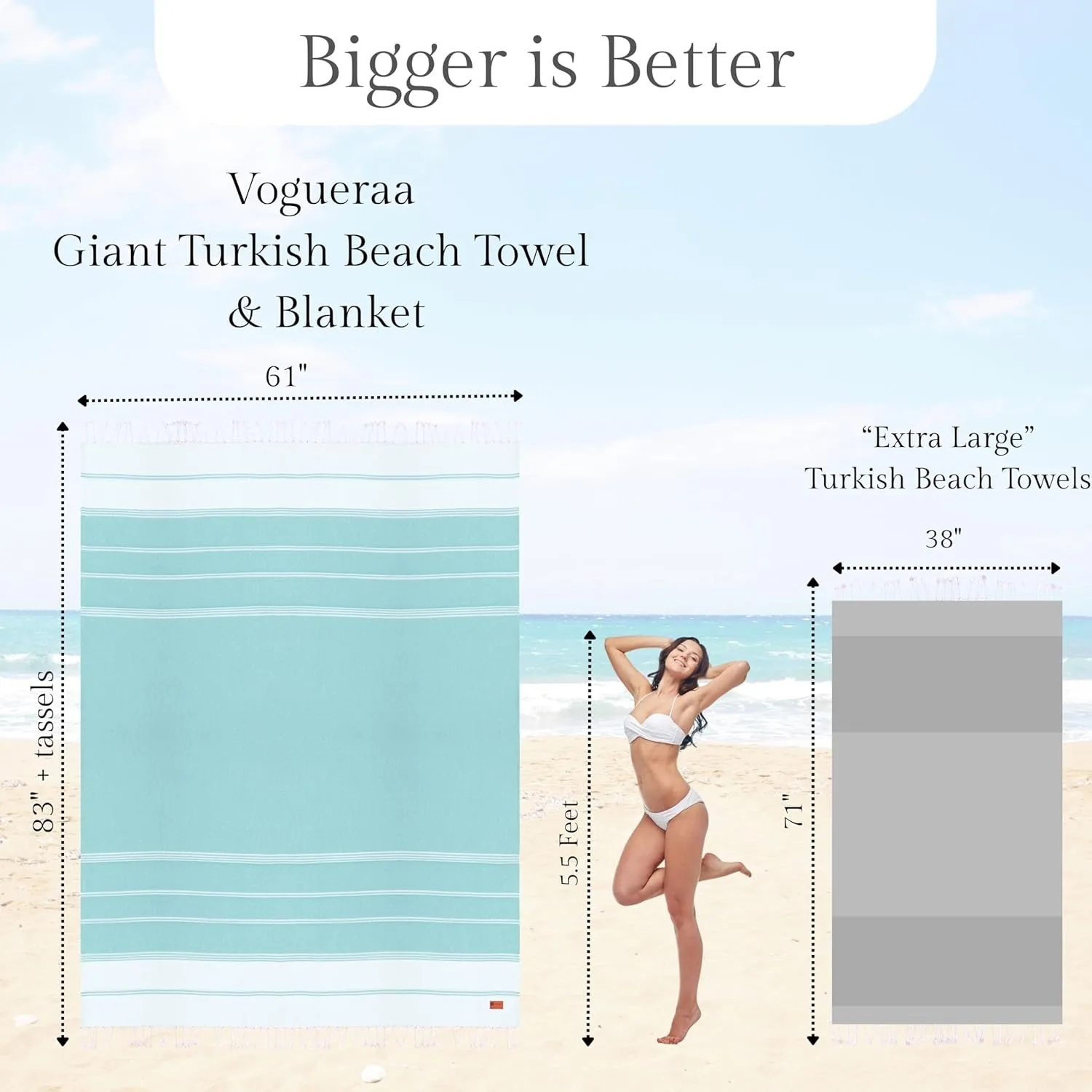 Giant Turkish Beach Towel & Blanket - 61"x83", 100% Cotton, Quick Dry, Sandproof - Oversized for Pool Beach Travel - Lightweight Throw Blanket for Couch, Sofa, Bed (Striped Crystal, Aqua)