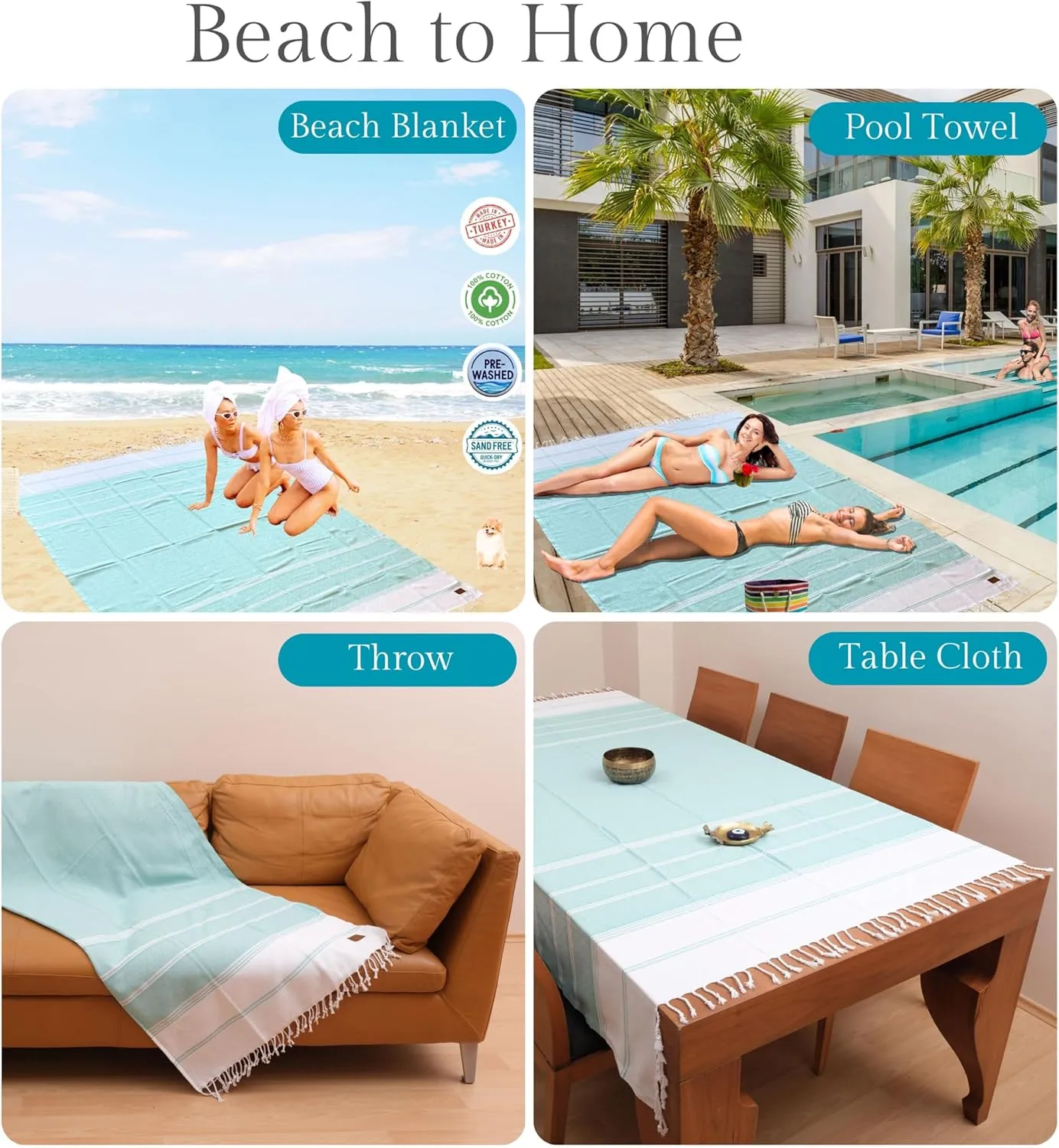 Giant Turkish Beach Towel & Blanket - 61"x83", 100% Cotton, Quick Dry, Sandproof - Oversized for Pool Beach Travel - Lightweight Throw Blanket for Couch, Sofa, Bed (Striped Crystal, Aqua)