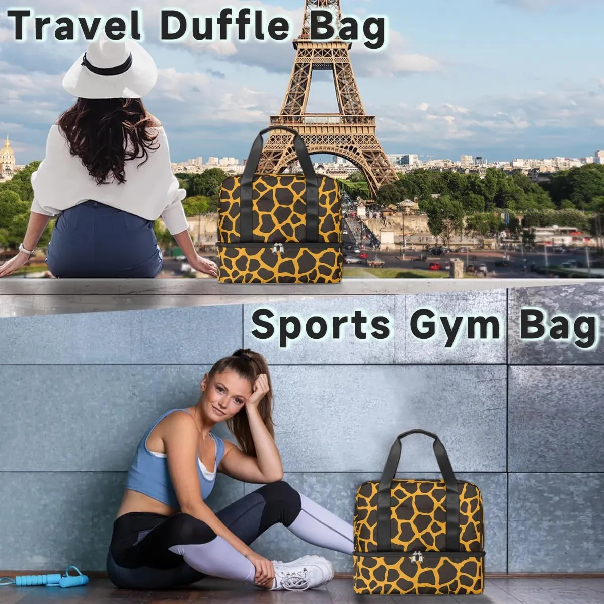 Giraffe Printed Travel Duffel Bag Dry Wet Separated Sports Tote Travel Duffle Bag Gym Workout Bag Women Travel Duffel Bag for Women, Travel, Gym, Work