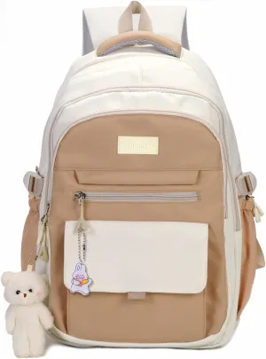 Girls Backpack for College High Middle School Student, Cute Aesthetic Bookbag for Teens Women with Accessories,Khaki Beige