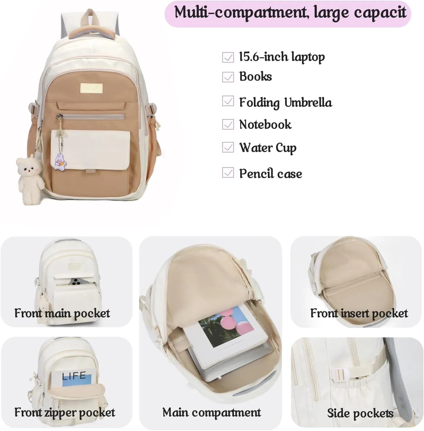 Girls Backpack for College High Middle School Student, Cute Aesthetic Bookbag for Teens Women with Accessories,Khaki Beige