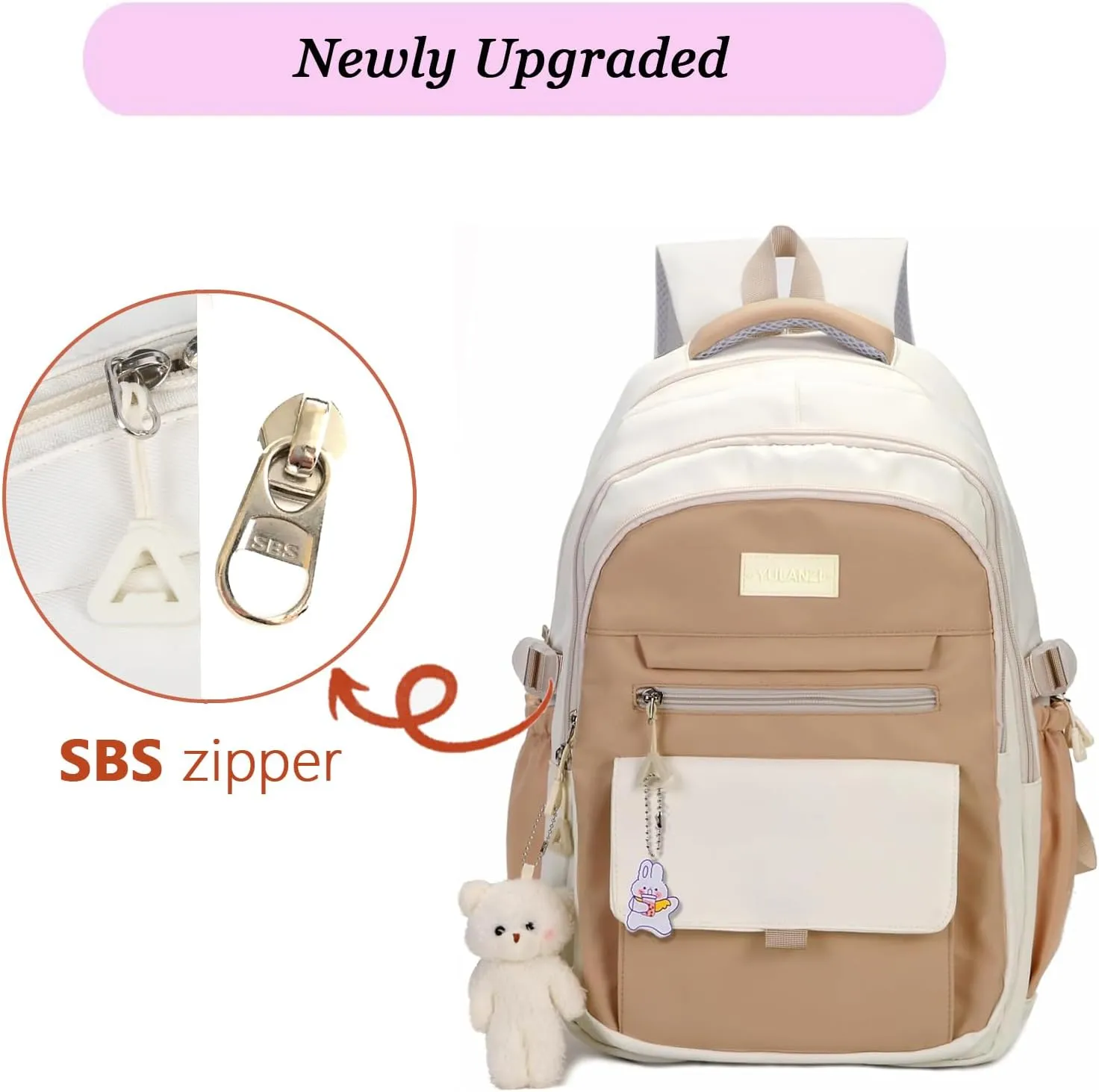 Girls Backpack for College High Middle School Student, Cute Aesthetic Bookbag for Teens Women with Accessories,Khaki Beige