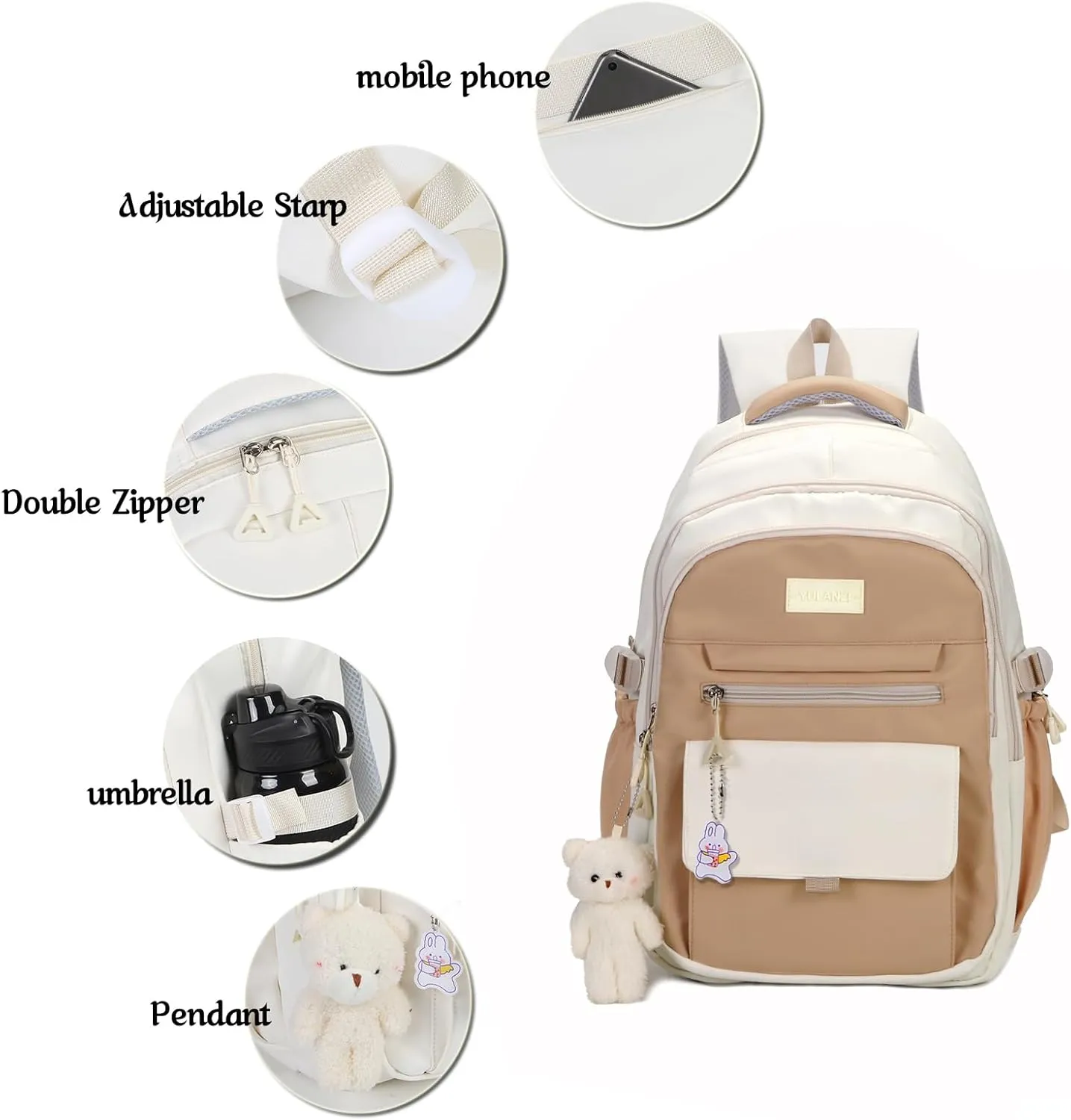 Girls Backpack for College High Middle School Student, Cute Aesthetic Bookbag for Teens Women with Accessories,Khaki Beige
