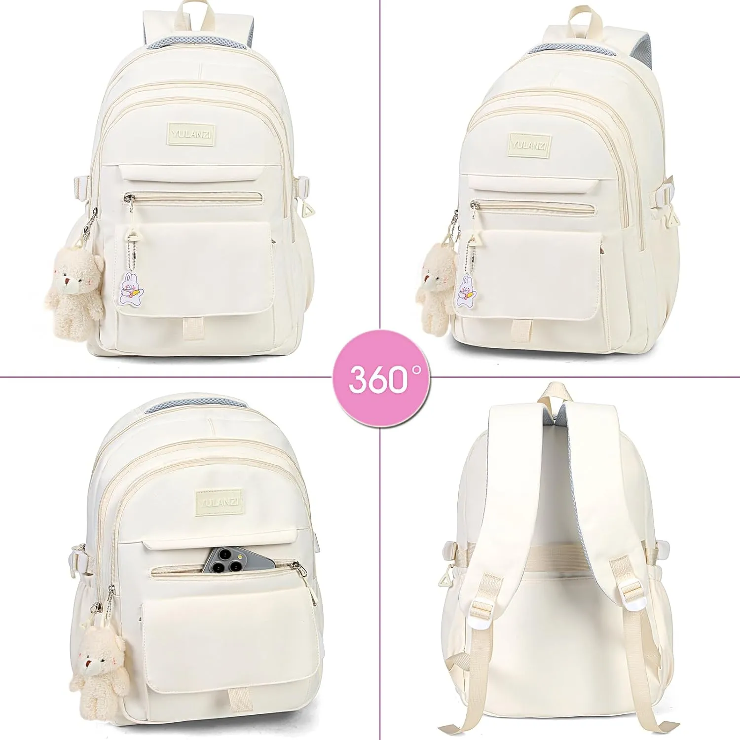 Girls Backpack for College High Middle School Student, Cute Aesthetic Bookbag for Teens Women with Accessories,Khaki Beige