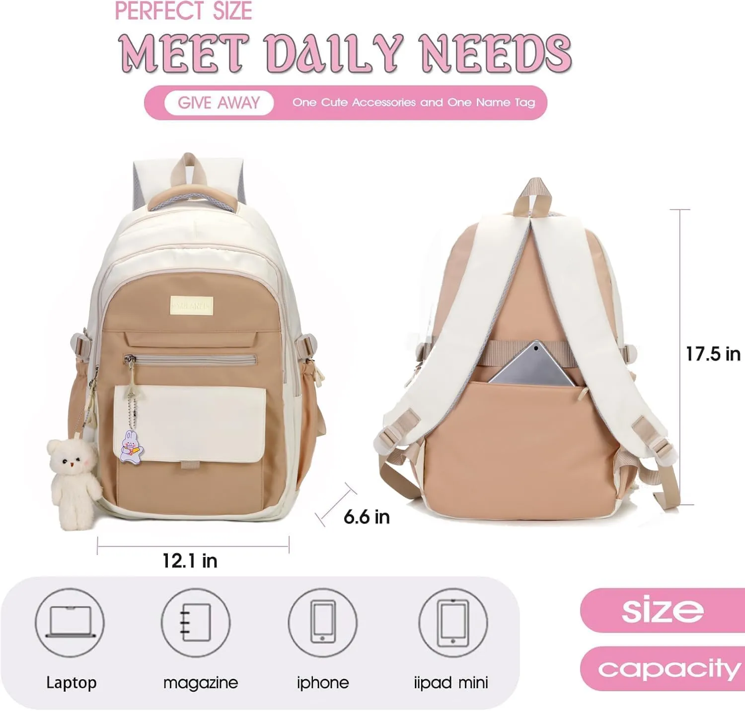 Girls Backpack for College High Middle School Student, Cute Aesthetic Bookbag for Teens Women with Accessories,Khaki Beige