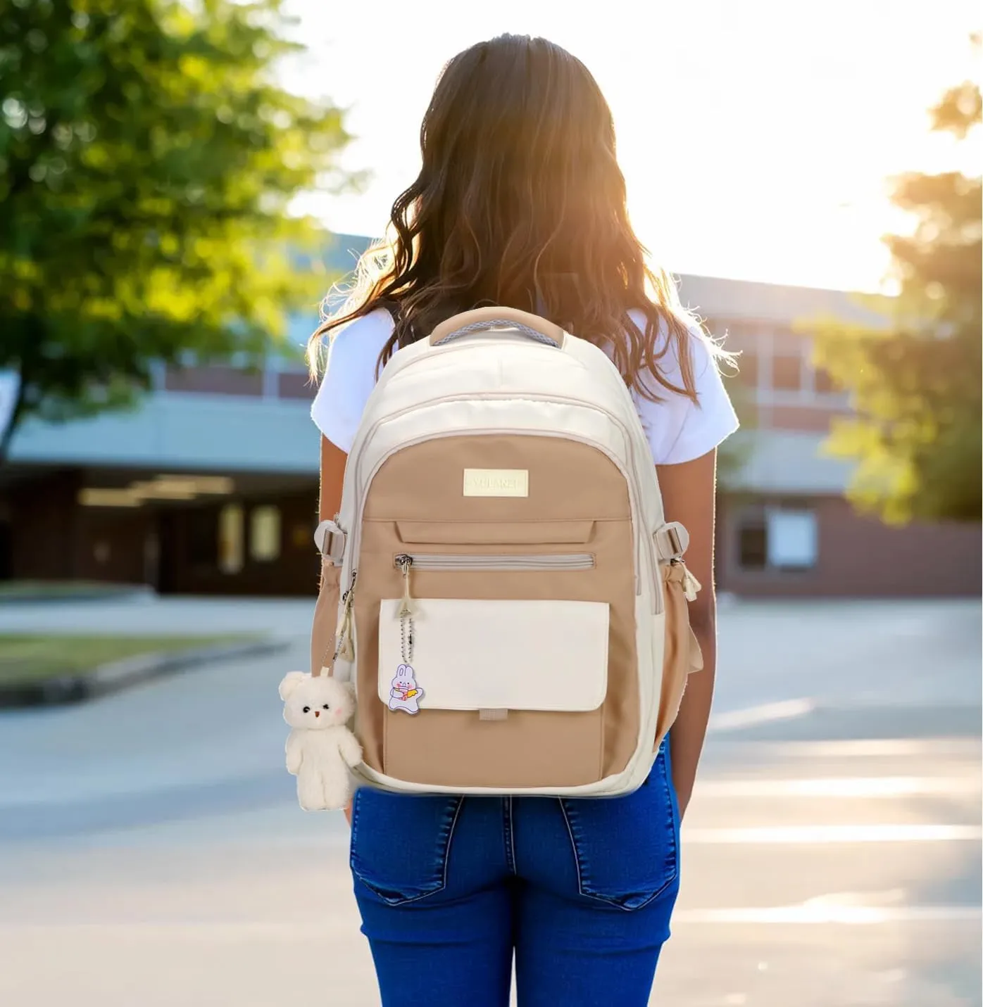 Girls Backpack for College High Middle School Student, Cute Aesthetic Bookbag for Teens Women with Accessories,Khaki Beige