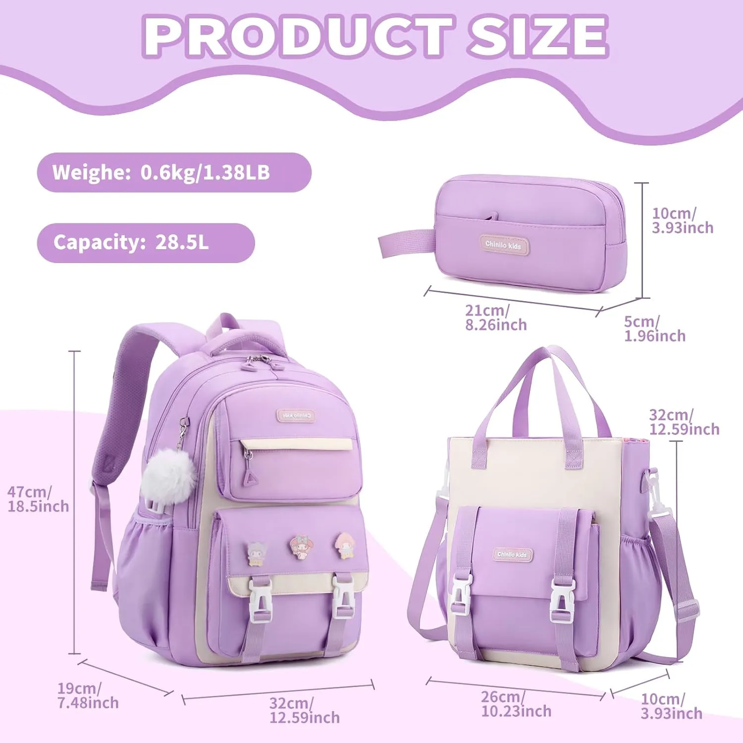 Girls Backpack for School,Kids Backpack with Pencil Case Set for Elementary Primary Middle High School Teen Bookbag (3PCS Purple)