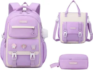 Girls Backpack for School,Kids Backpack with Pencil Case Set for Elementary Primary Middle High School Teen Bookbag (3PCS Purple)