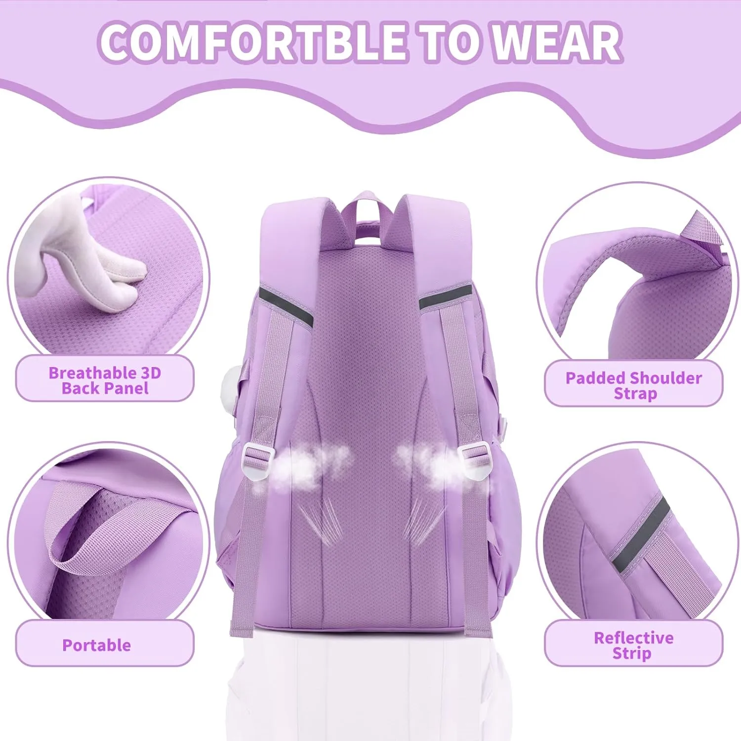 Girls Backpack for School,Kids Backpack with Pencil Case Set for Elementary Primary Middle High School Teen Bookbag (3PCS Purple)