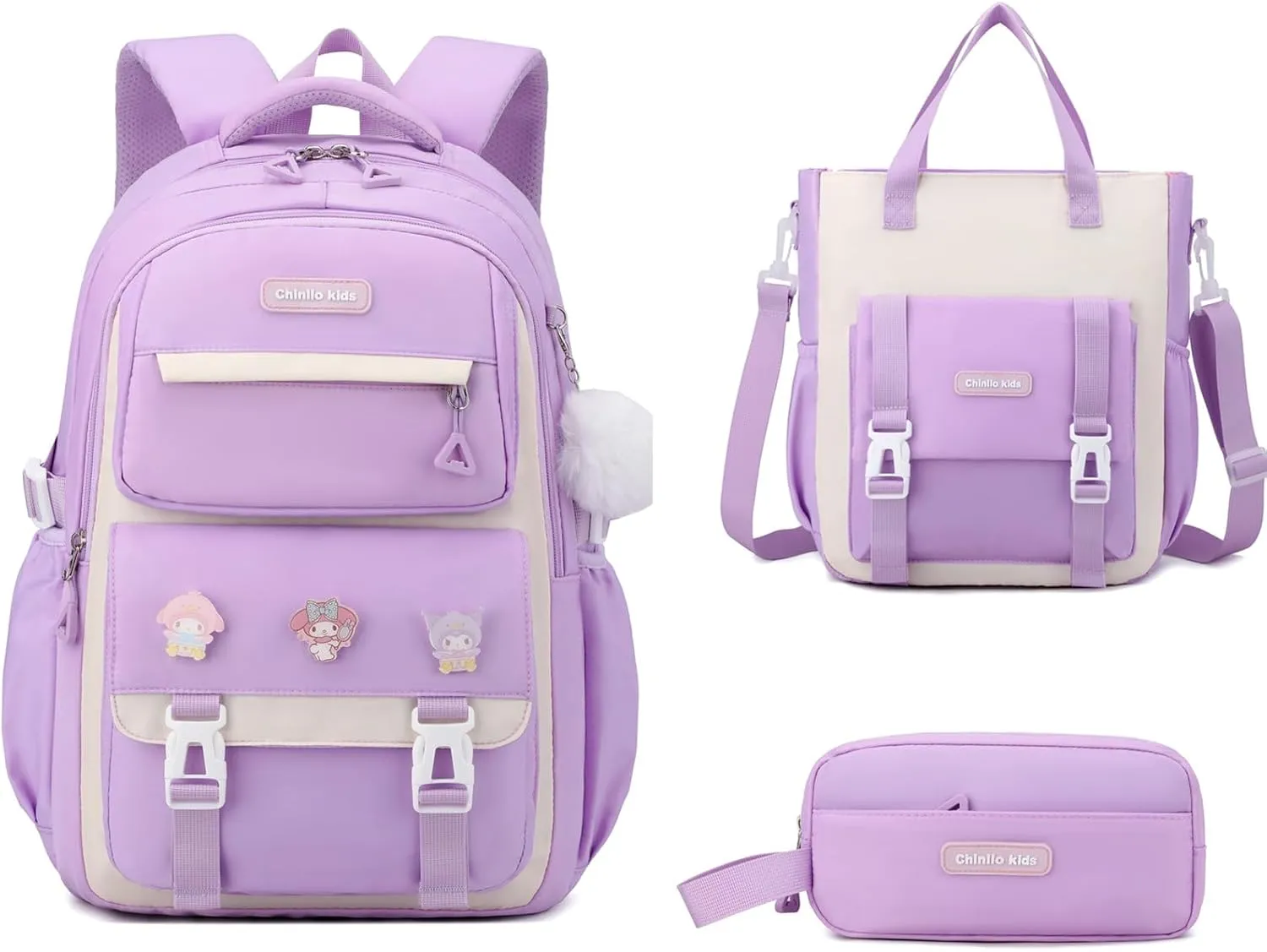 Girls Backpack for School,Kids Backpack with Pencil Case Set for Elementary Primary Middle High School Teen Bookbag (3PCS Purple)
