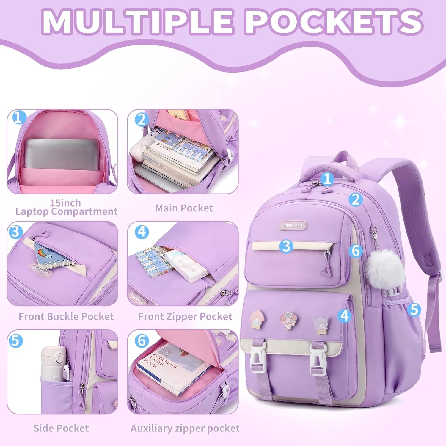 Girls Backpack for School,Kids Backpack with Pencil Case Set for Elementary Primary Middle High School Teen Bookbag (3PCS Purple)