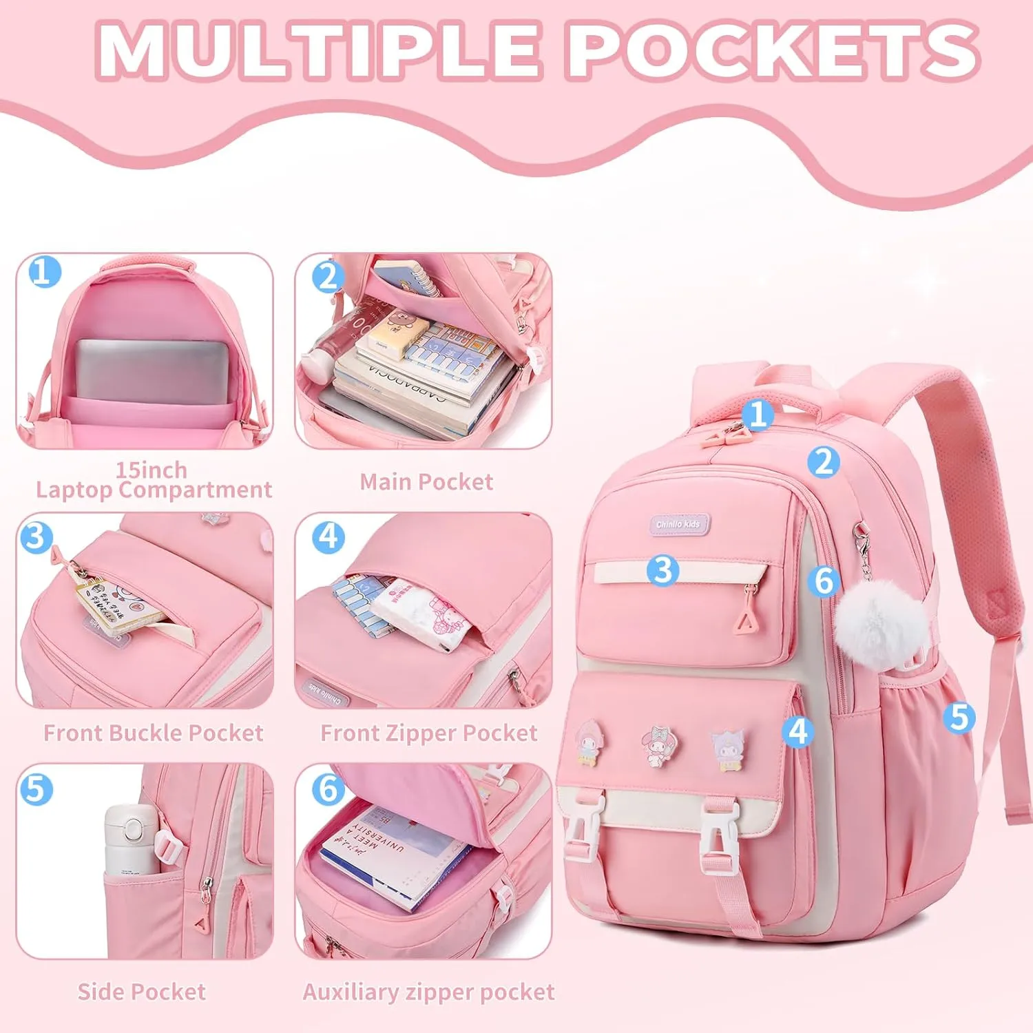 Girls Backpack for School,Kids Backpack with Pencil Case Set for Elementary Primary Middle High School Teen Bookbag (Pink)