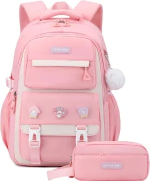 Girls Backpack for School,Kids Backpack with Pencil Case Set for Elementary Primary Middle High School Teen Bookbag (Pink)