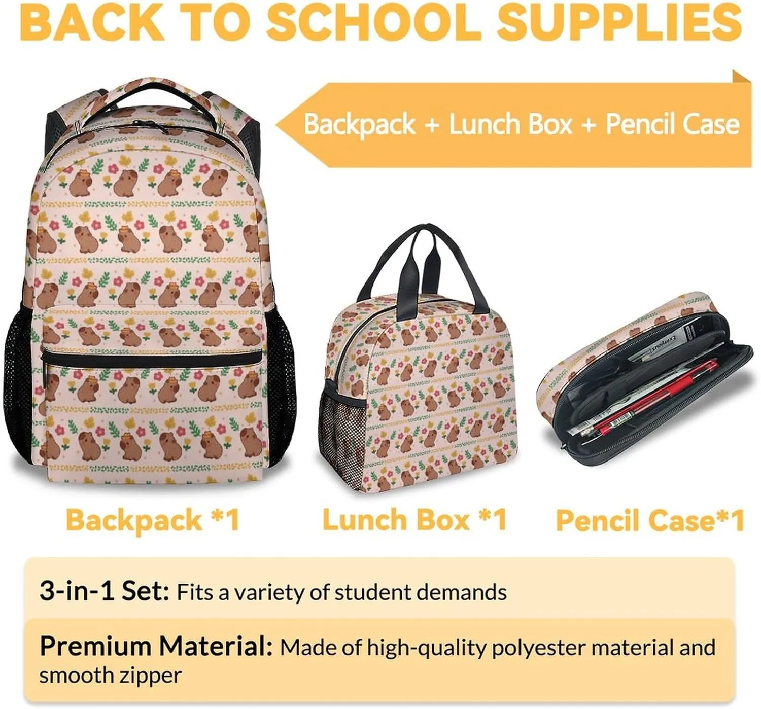 Girls Backpack with Lunch Box, 3 in 1 School Backpacks Matching Combo, Cute Pink Bookbag and Pencil Case Bundle