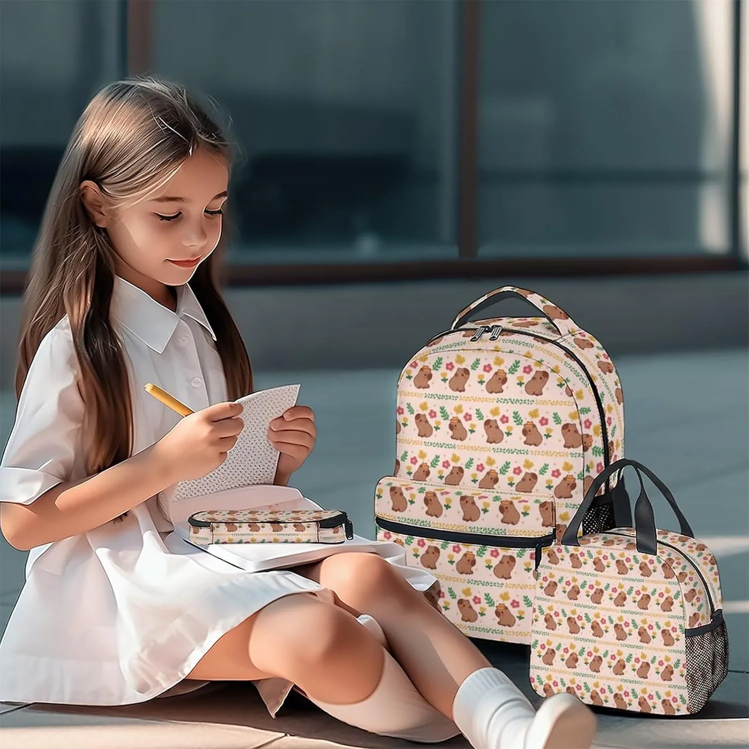 Girls Backpack with Lunch Box, 3 in 1 School Backpacks Matching Combo, Cute Pink Bookbag and Pencil Case Bundle