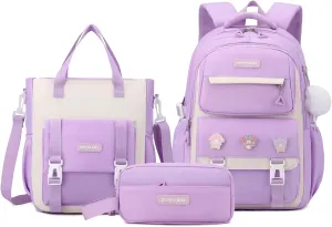 Girls Backpack,Kids Backpack with Tote Bag Pencil case for Teen Girls School Backpack Bookbag for Elementary Primary High School (3pcs Set Purple)