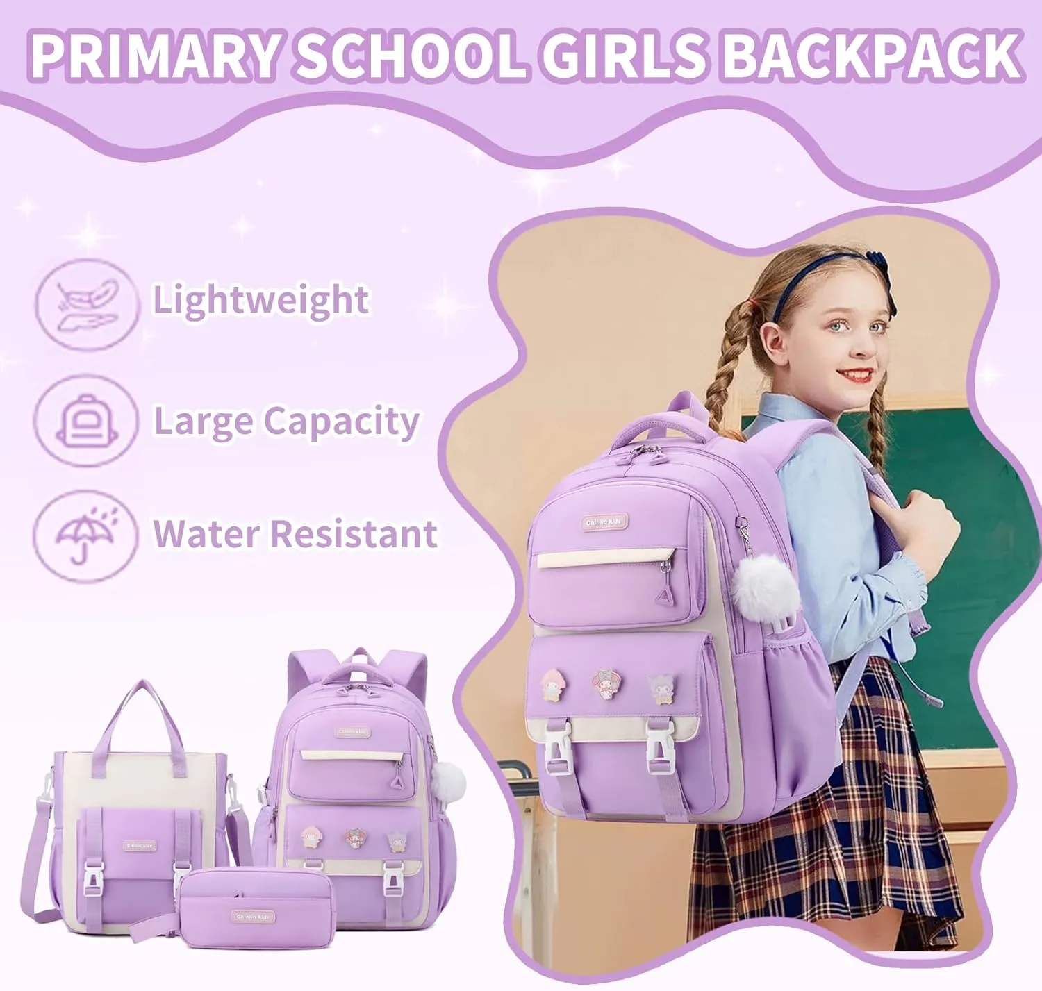 Girls Backpack,Kids Backpack with Tote Bag Pencil case for Teen Girls School Backpack Bookbag for Elementary Primary High School (3pcs Set Purple)