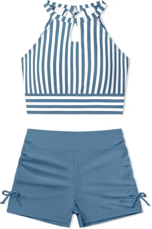 Girls Swimsuits Tankini Striped Halter Neck Cute Bathing Suits Swim Shorts 2 Piece Sets