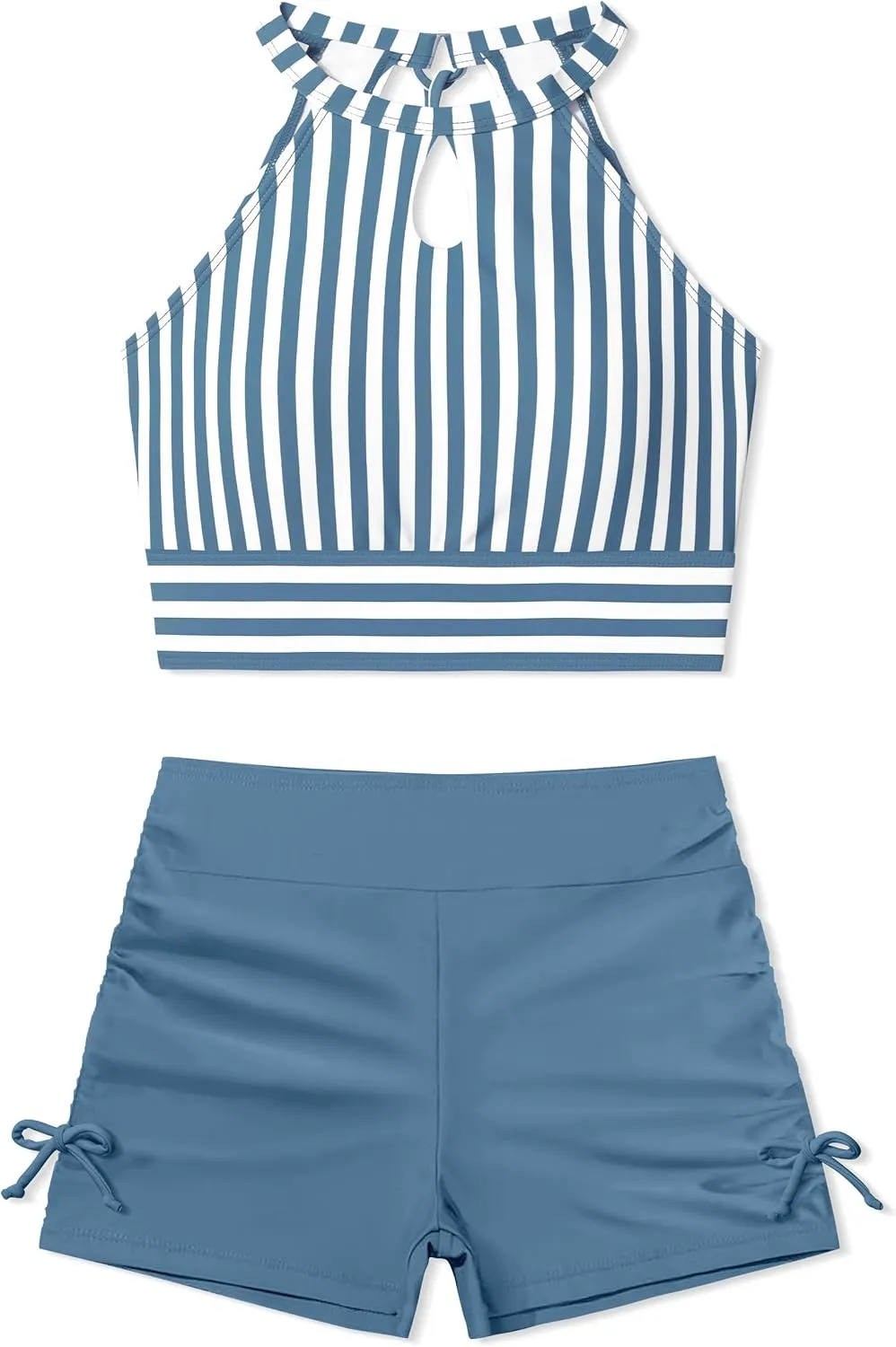 Girls Swimsuits Tankini Striped Halter Neck Cute Bathing Suits Swim Shorts 2 Piece Sets