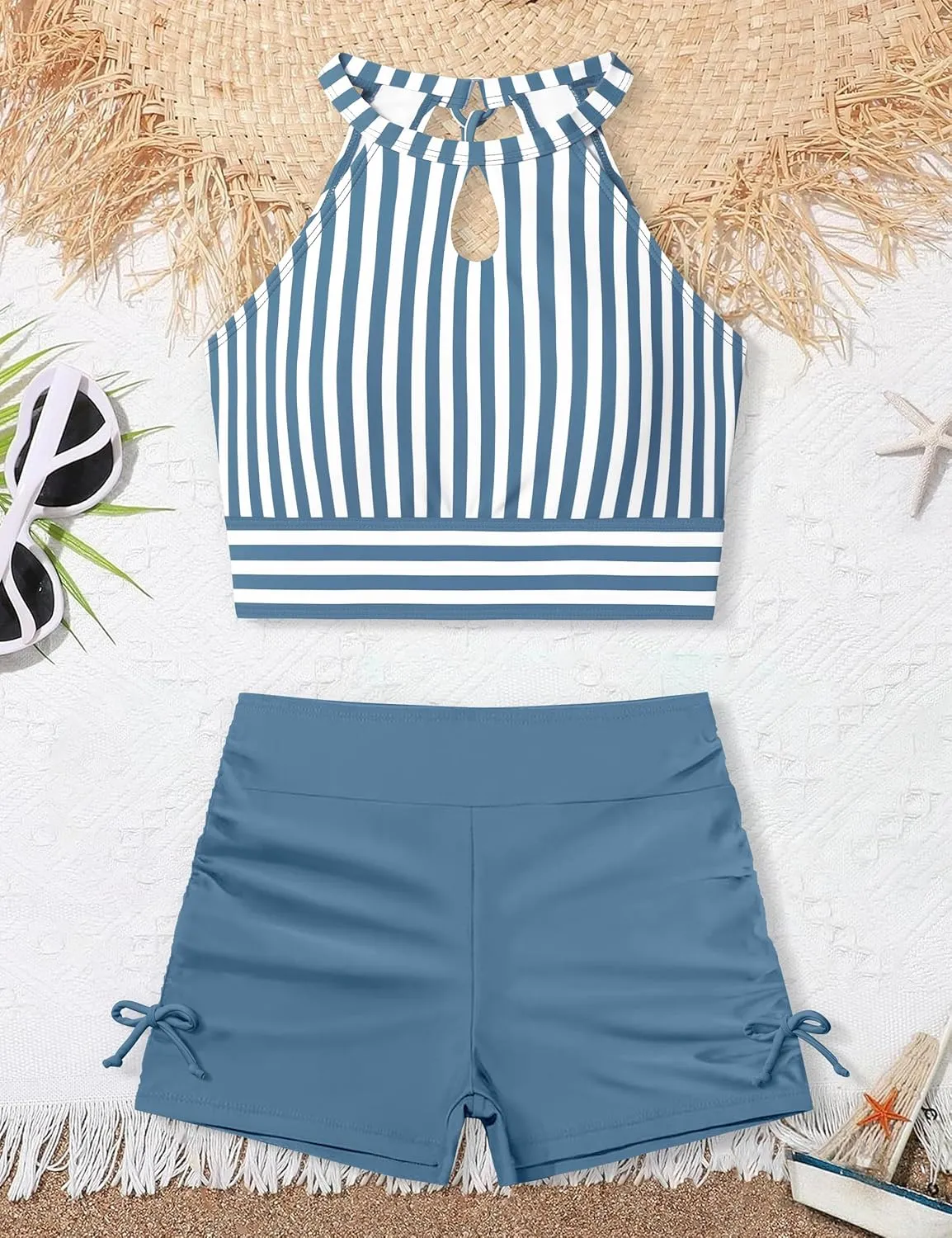 Girls Swimsuits Tankini Striped Halter Neck Cute Bathing Suits Swim Shorts 2 Piece Sets