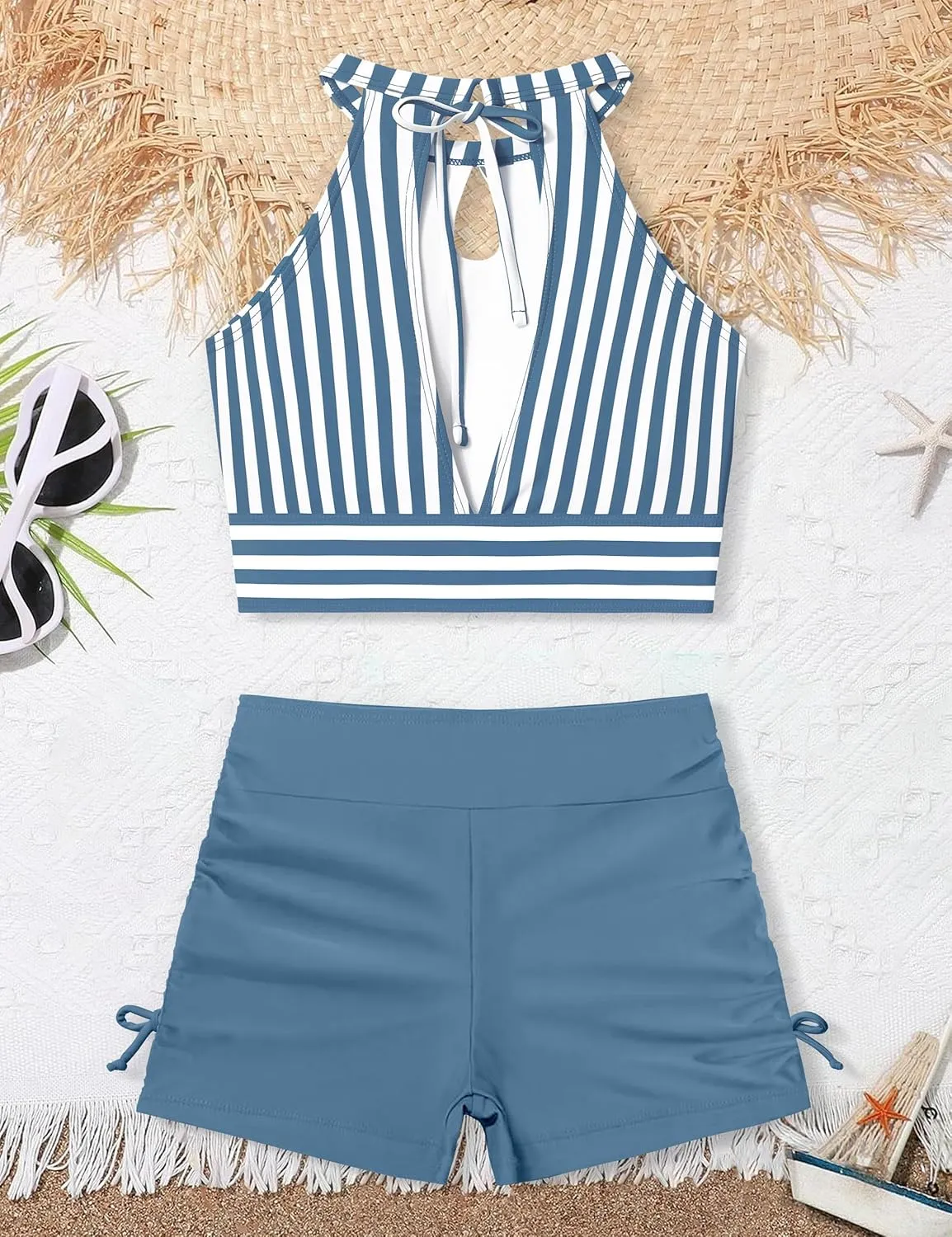 Girls Swimsuits Tankini Striped Halter Neck Cute Bathing Suits Swim Shorts 2 Piece Sets
