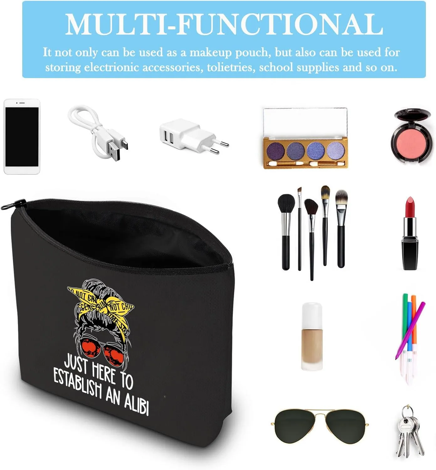 GJTIM True Crime Gift True Crime Junkie Gift Just Here to Establish and Alibi Makeup Bag Gift for Crime Show Fan (Alibi Black)