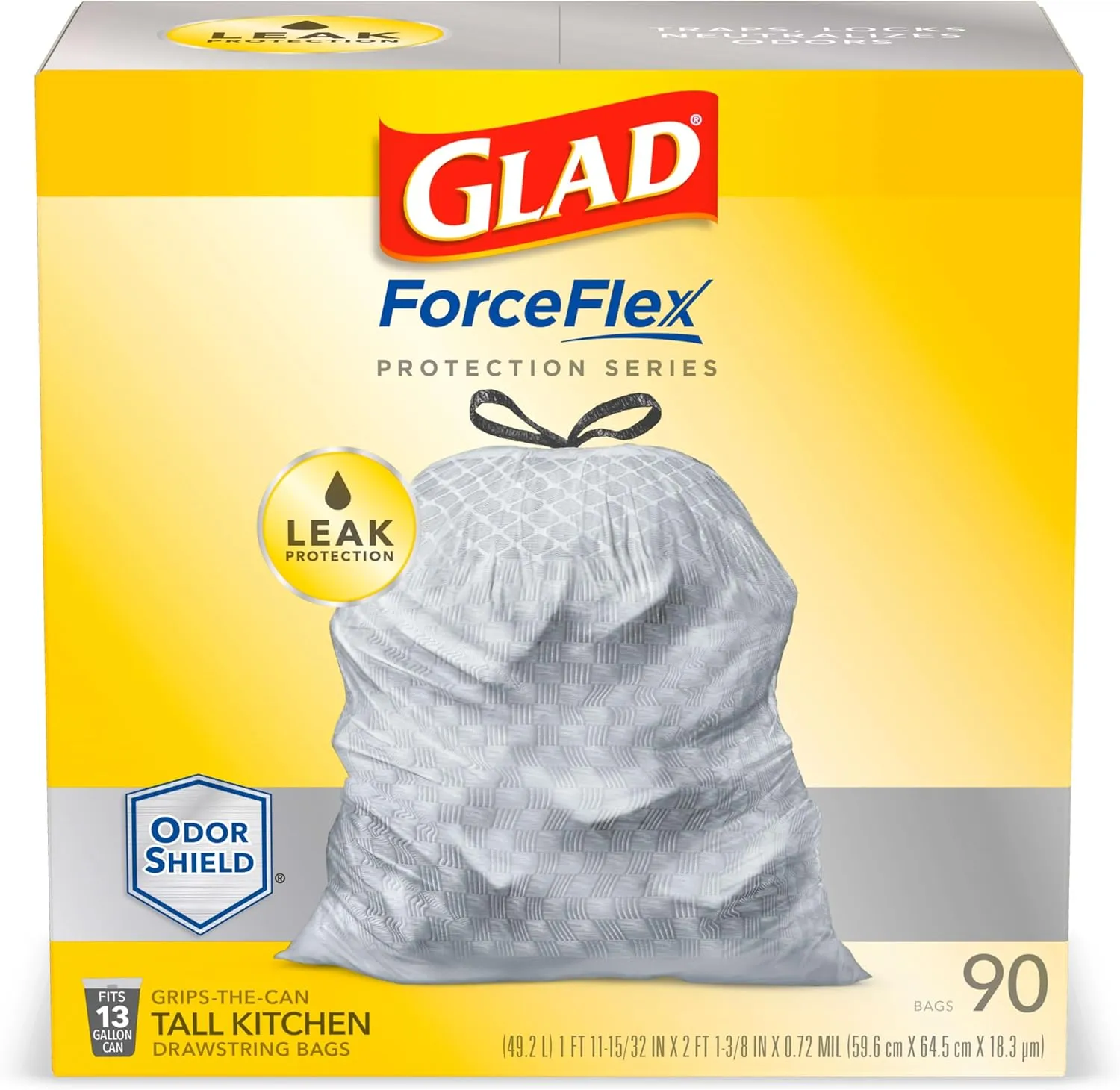 Glad Trash Bags, ForceFlex Protection Series Tall Kitchen Garbage Bags, 13 Gal, Unscented OdorShield, 90 Ct (Package May Vary)