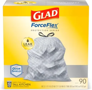 Glad Trash Bags, ForceFlex Protection Series Tall Kitchen Garbage Bags, 13 Gal, Unscented OdorShield, 90 Ct (Package May Vary)
