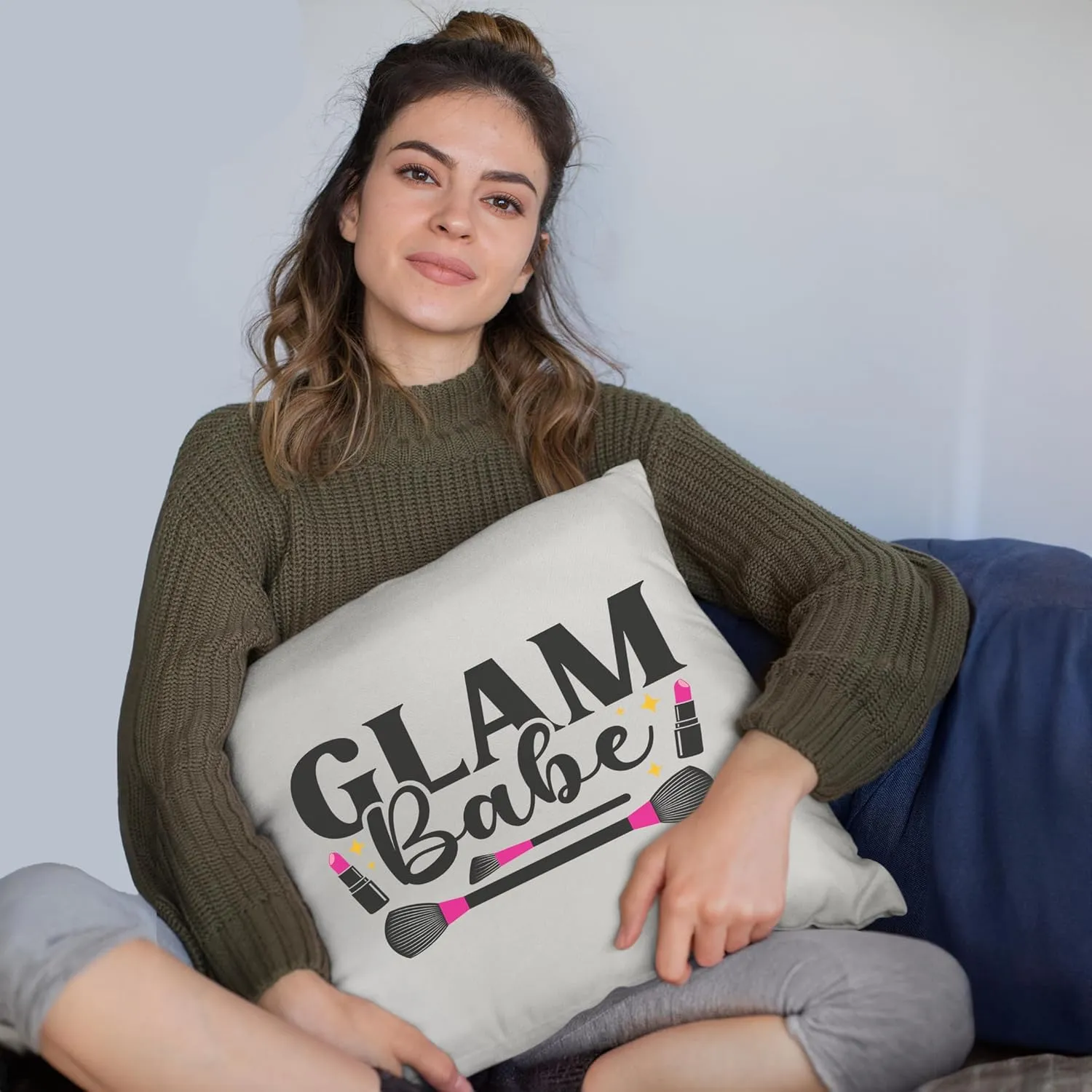 Glam Babe w/Pink Lipsticks & Contour & Powder Brushes Design - Beauty Themed Merch for Makeup Artist or Cosmetologist, Gift for Makeup Lovers, Pillow Cover, White 20X20 in
