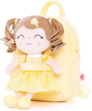 Gloveleya Toddler Backpack Baby Girls Gift Plush Bag Diaper Bag with Spring Girl Doll Curly Hair Girl Toys with Love Yellow 9 Inches